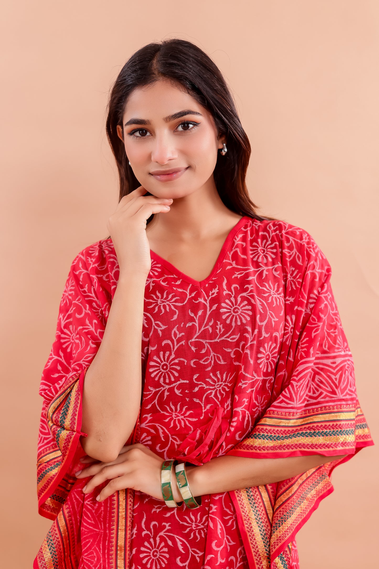 Vibrant Red Hand Block Printed Cotton Kaftan with Floral Motifs and Ethnic Borders