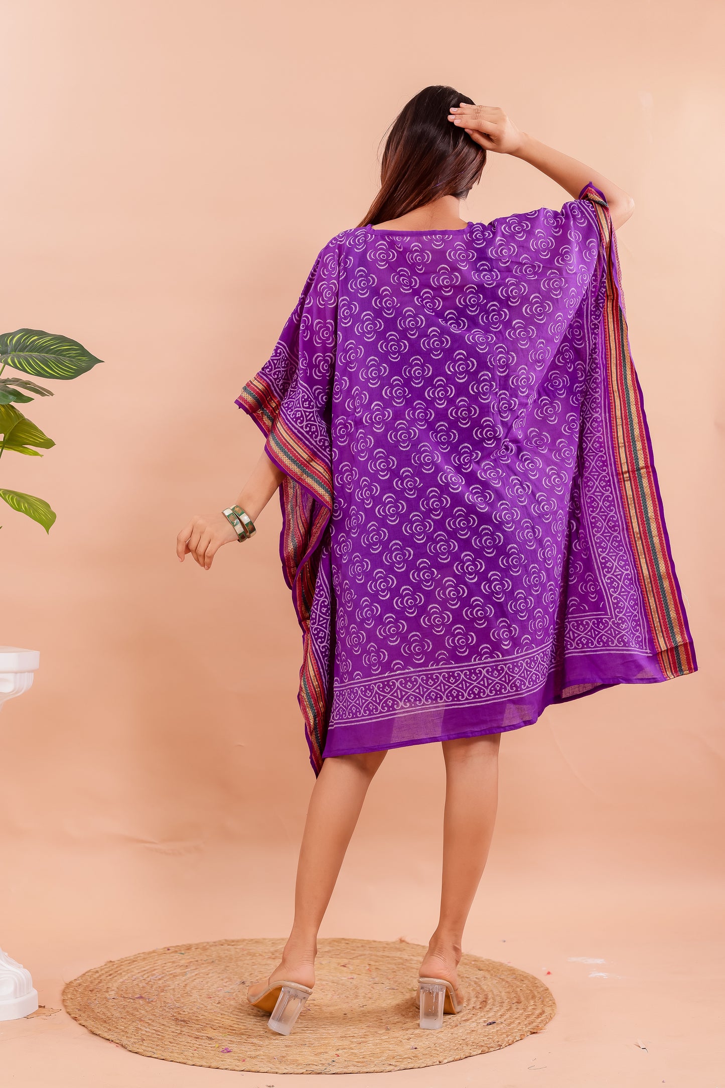 Royal Purple Hand Block Printed Cotton Kaftan with Swirl Motifs and Ethnic Borders