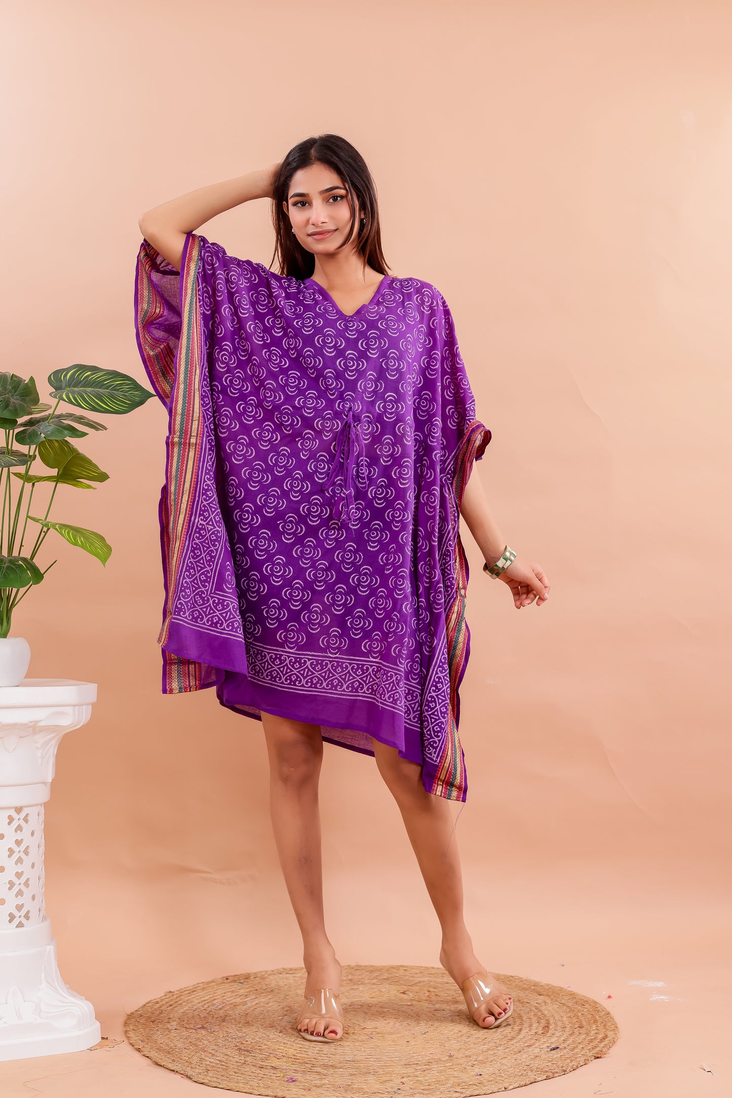 Royal Purple Hand Block Printed Cotton Kaftan with Swirl Motifs and Ethnic Borders