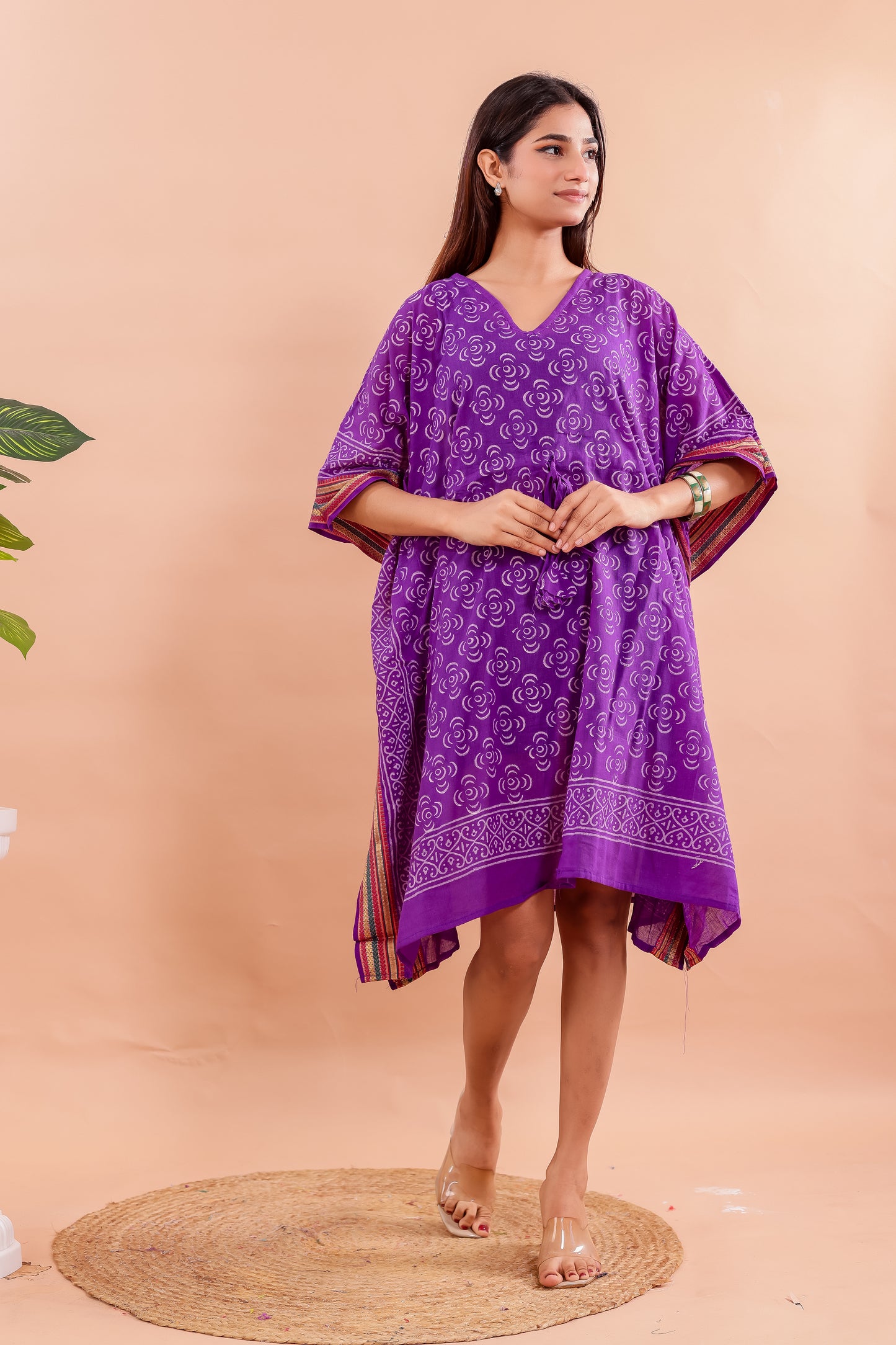 Royal Purple Hand Block Printed Cotton Kaftan with Swirl Motifs and Ethnic Borders