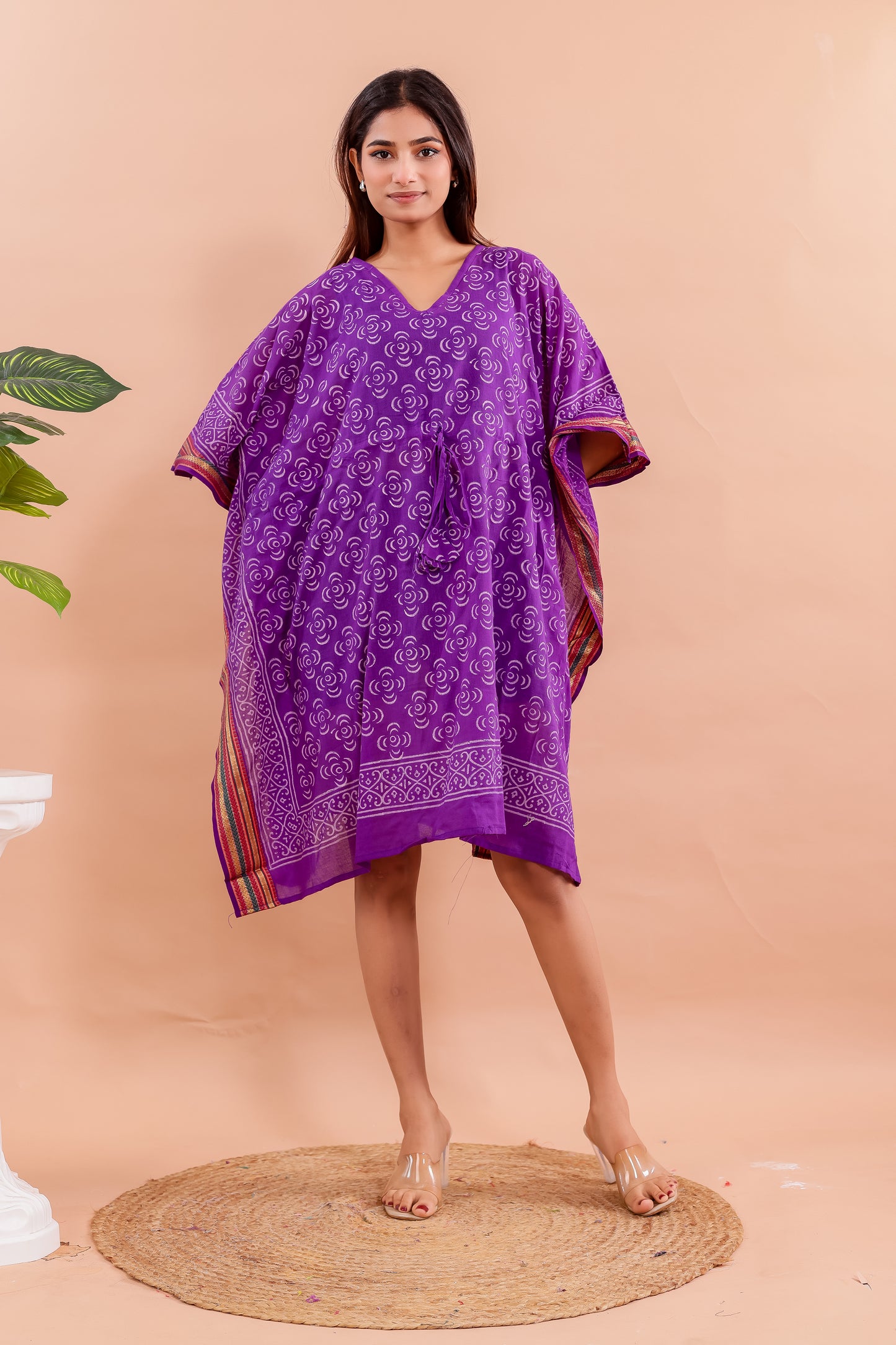 Royal Purple Hand Block Printed Cotton Kaftan with Swirl Motifs and Ethnic Borders