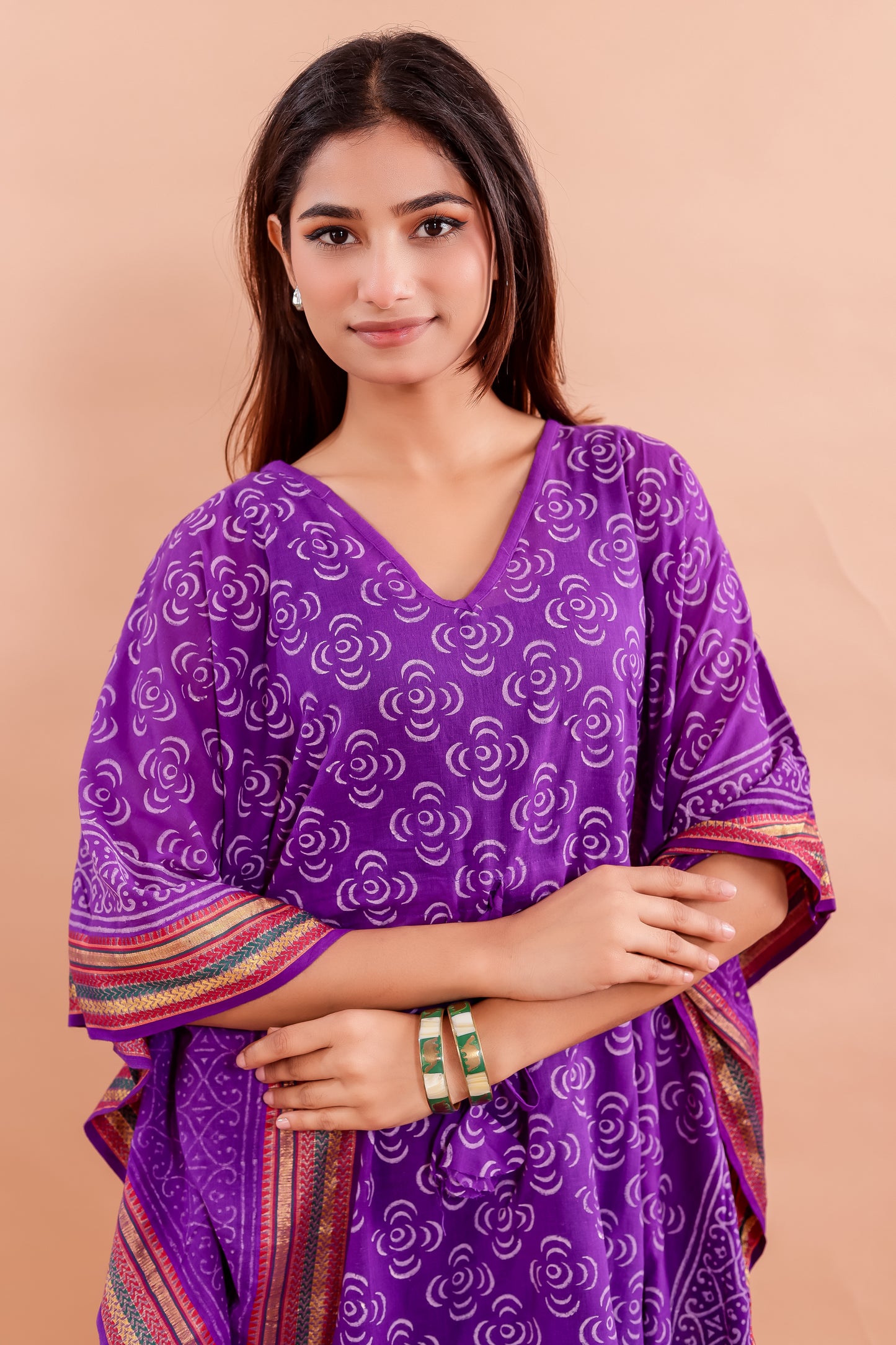 Royal Purple Hand Block Printed Cotton Kaftan with Swirl Motifs and Ethnic Borders