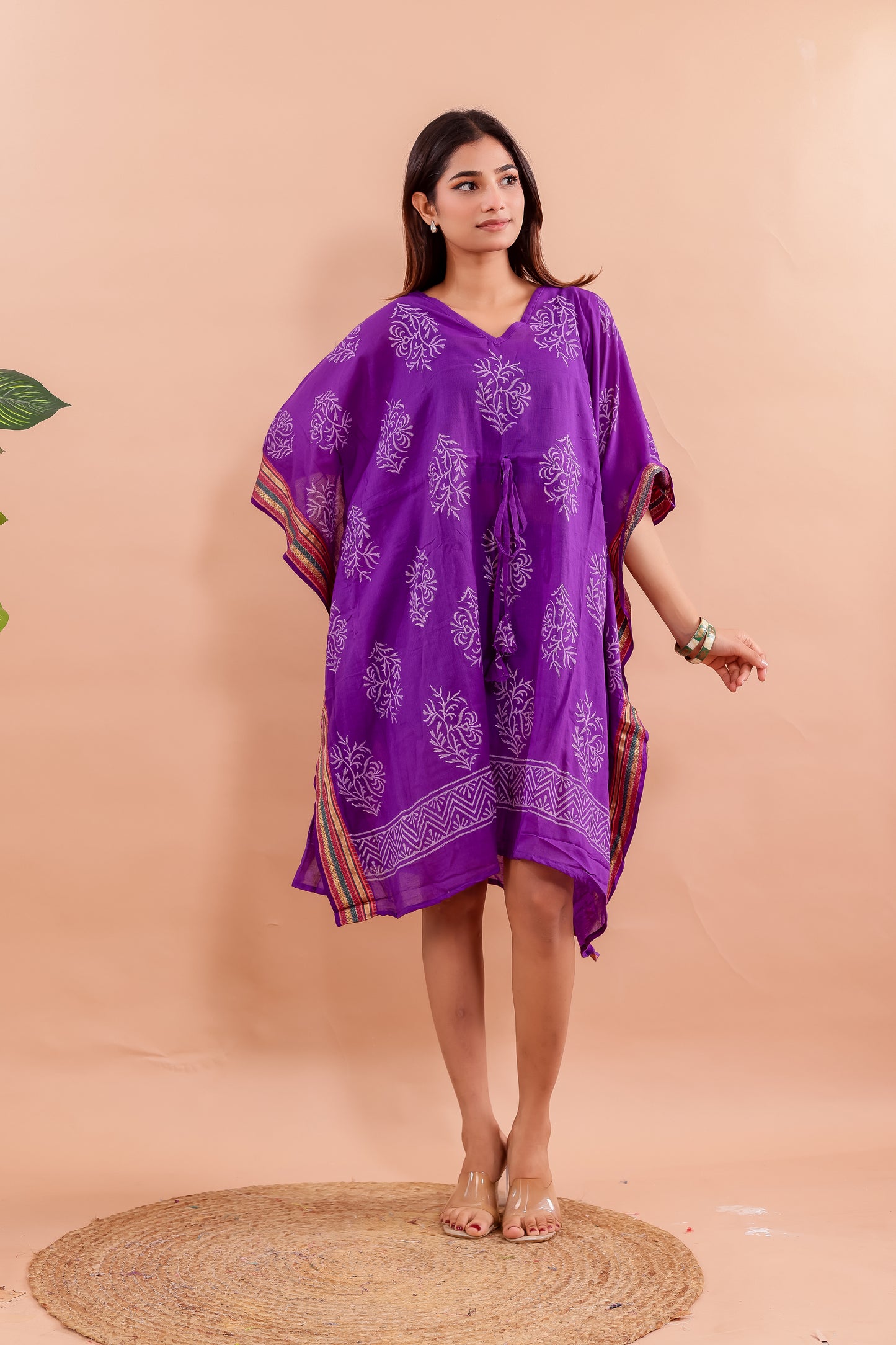 Royal Purple Hand Block Printed Cotton Kaftan with Motifs and Ethnic Borders