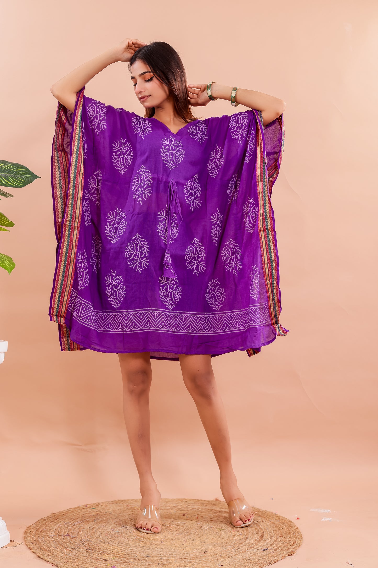 Royal Purple Hand Block Printed Cotton Kaftan with Motifs and Ethnic Borders