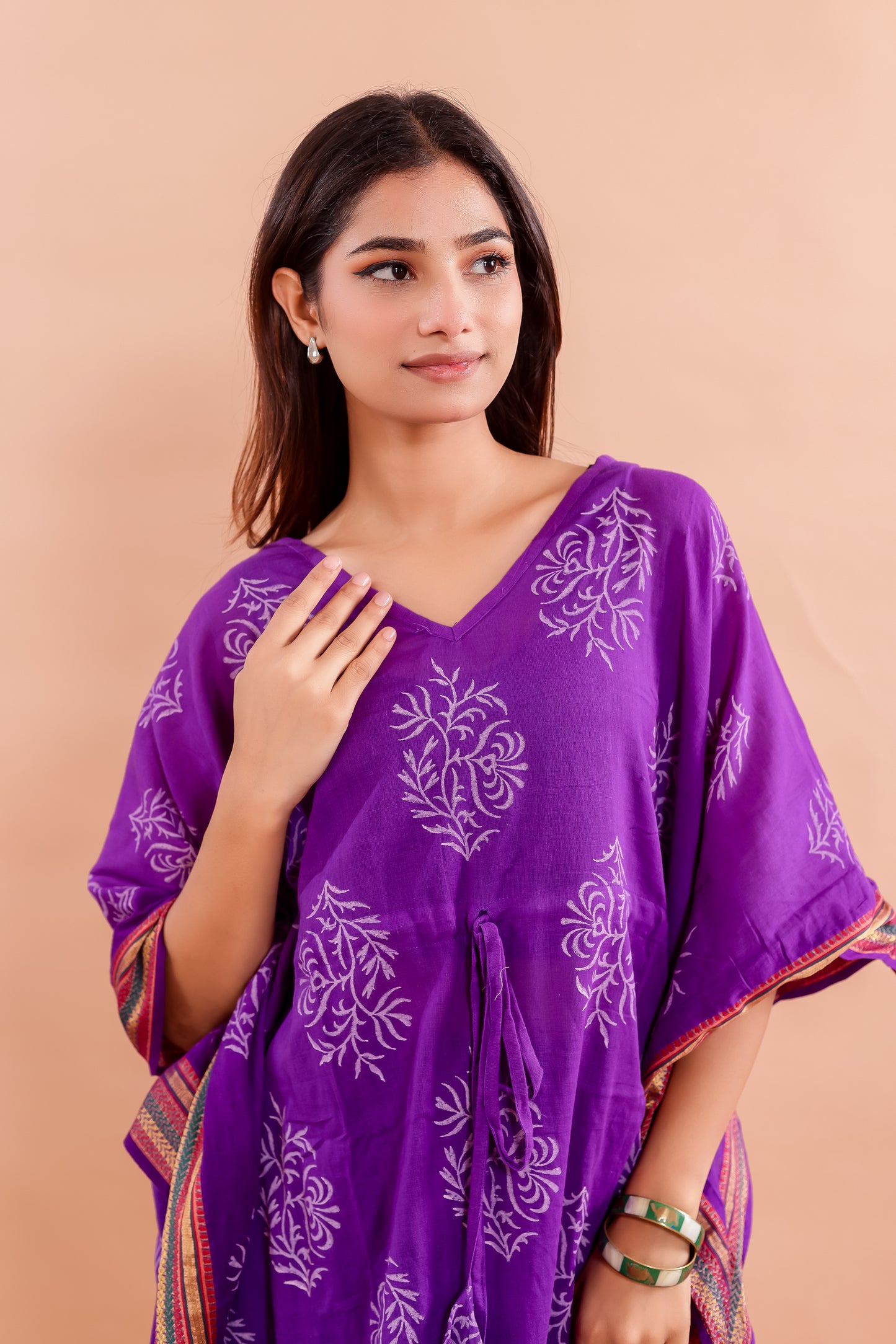 Royal Purple Hand Block Printed Cotton Kaftan with Motifs and Ethnic Borders