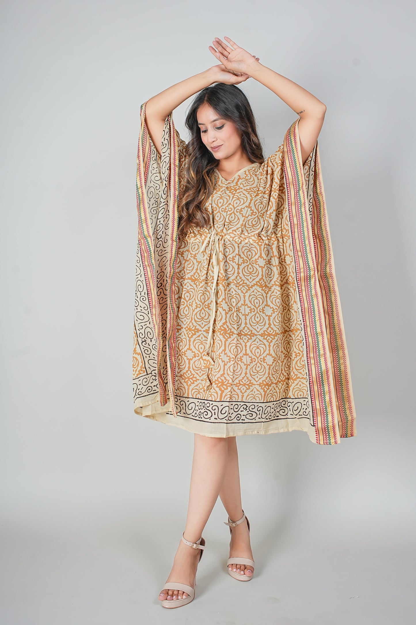 Hand Block Printed Cotton Kaftan Dress – Mustard Floral Jaal with Ethnic Borders