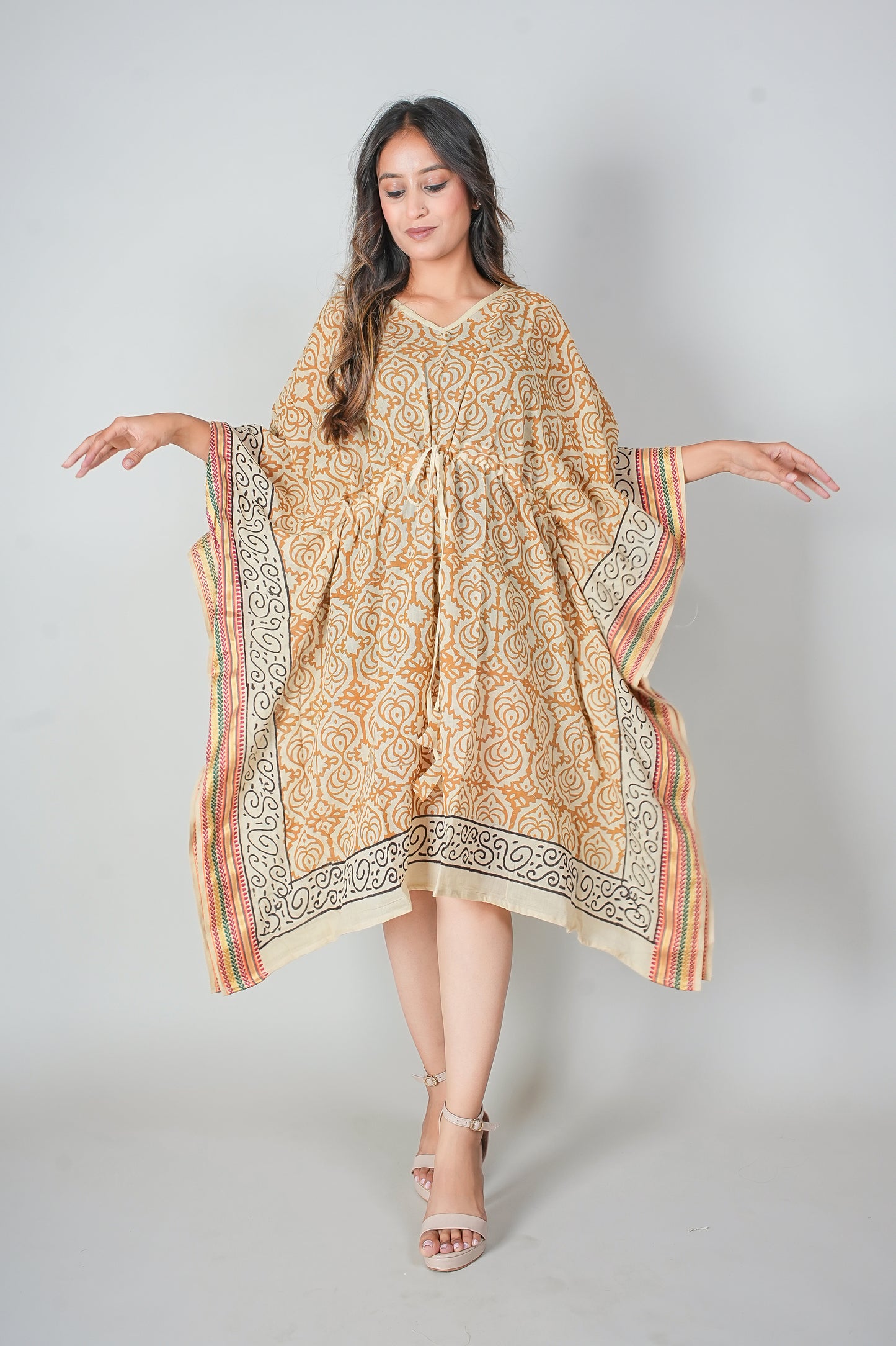 Hand Block Printed Cotton Kaftan Dress – Mustard Floral Jaal with Ethnic Borders