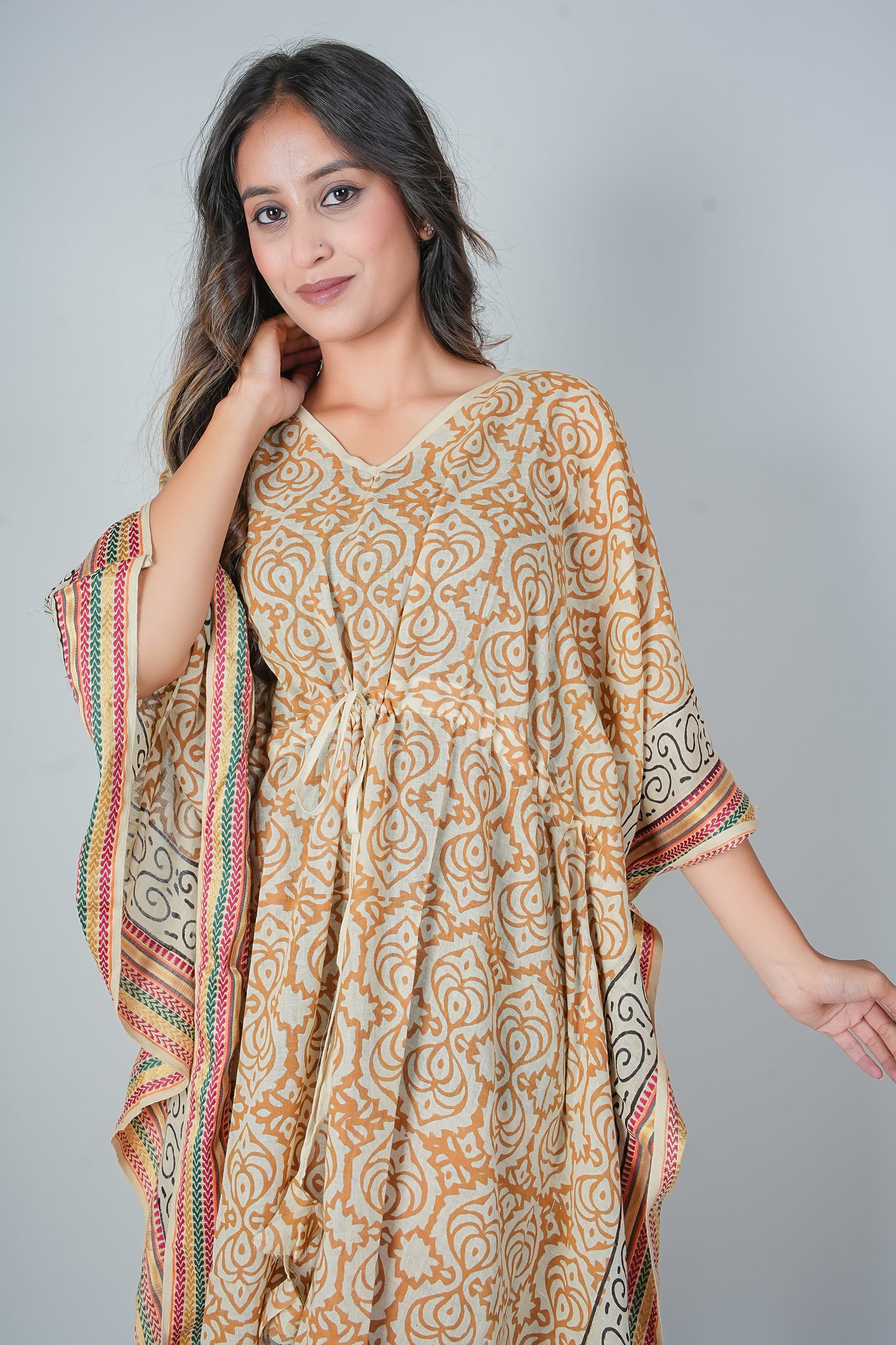 Hand Block Printed Cotton Kaftan Dress – Mustard Floral Jaal with Ethnic Borders
