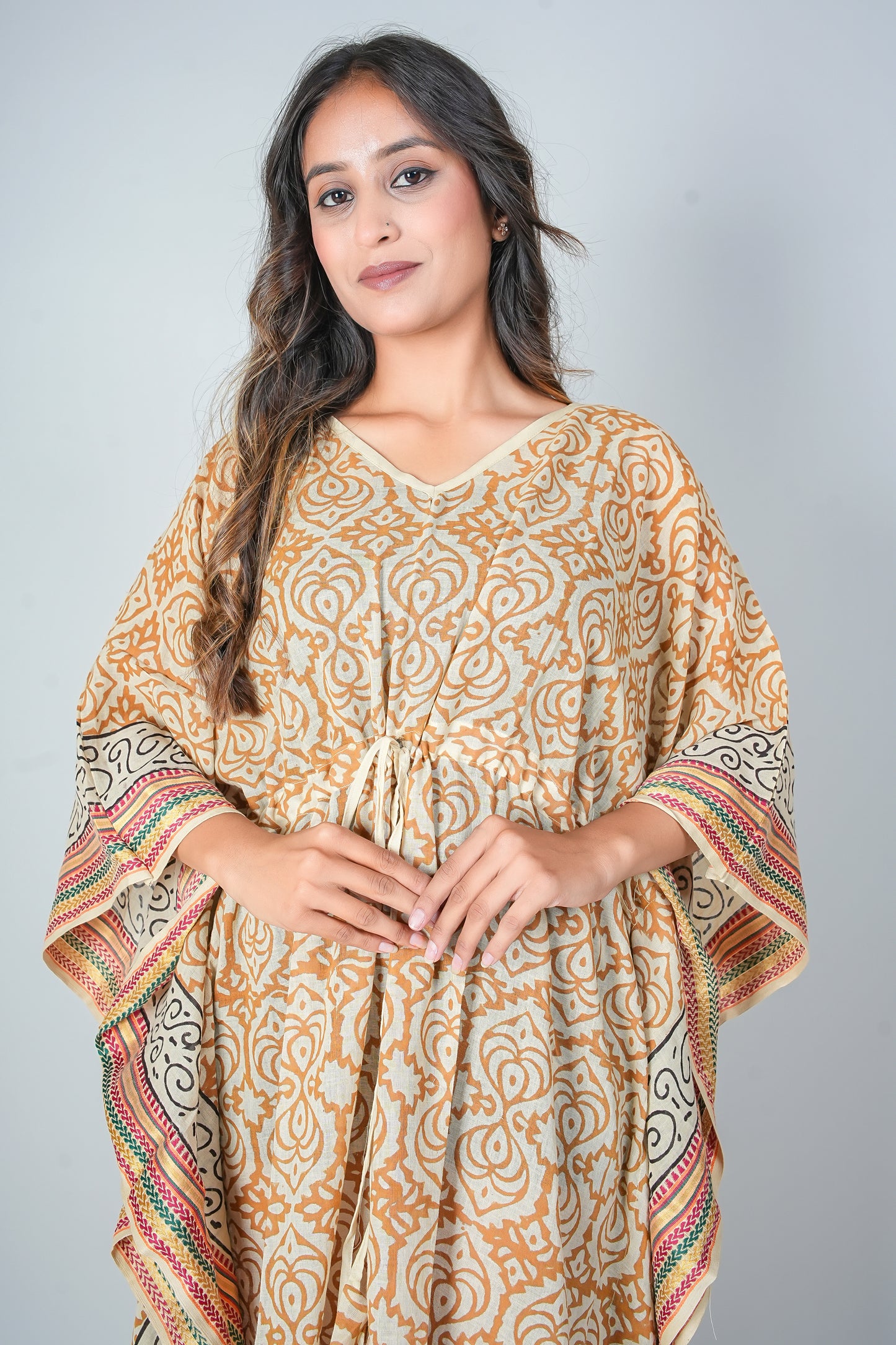 Hand Block Printed Cotton Kaftan Dress – Mustard Floral Jaal with Ethnic Borders