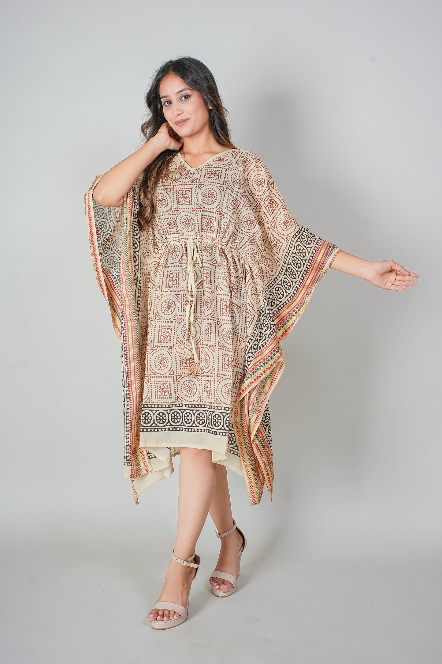 Hand Block Printed Cotton Kaftan Dress – Geometric Red & Black Mandala Panels (Free Size)