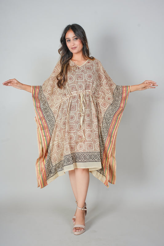 Hand Block Printed Cotton Kaftan Dress – Geometric Red & Black Mandala Panels (Free Size)