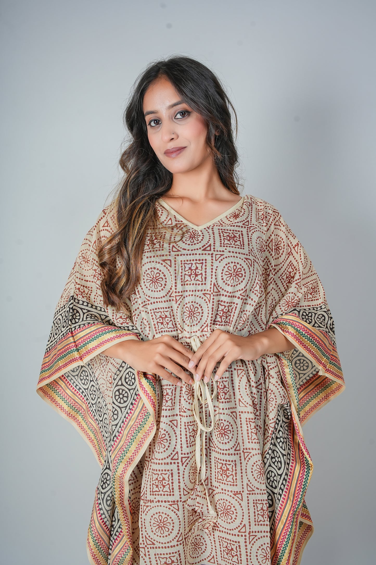 Hand Block Printed Cotton Kaftan Dress – Geometric Red & Black Mandala Panels (Free Size)