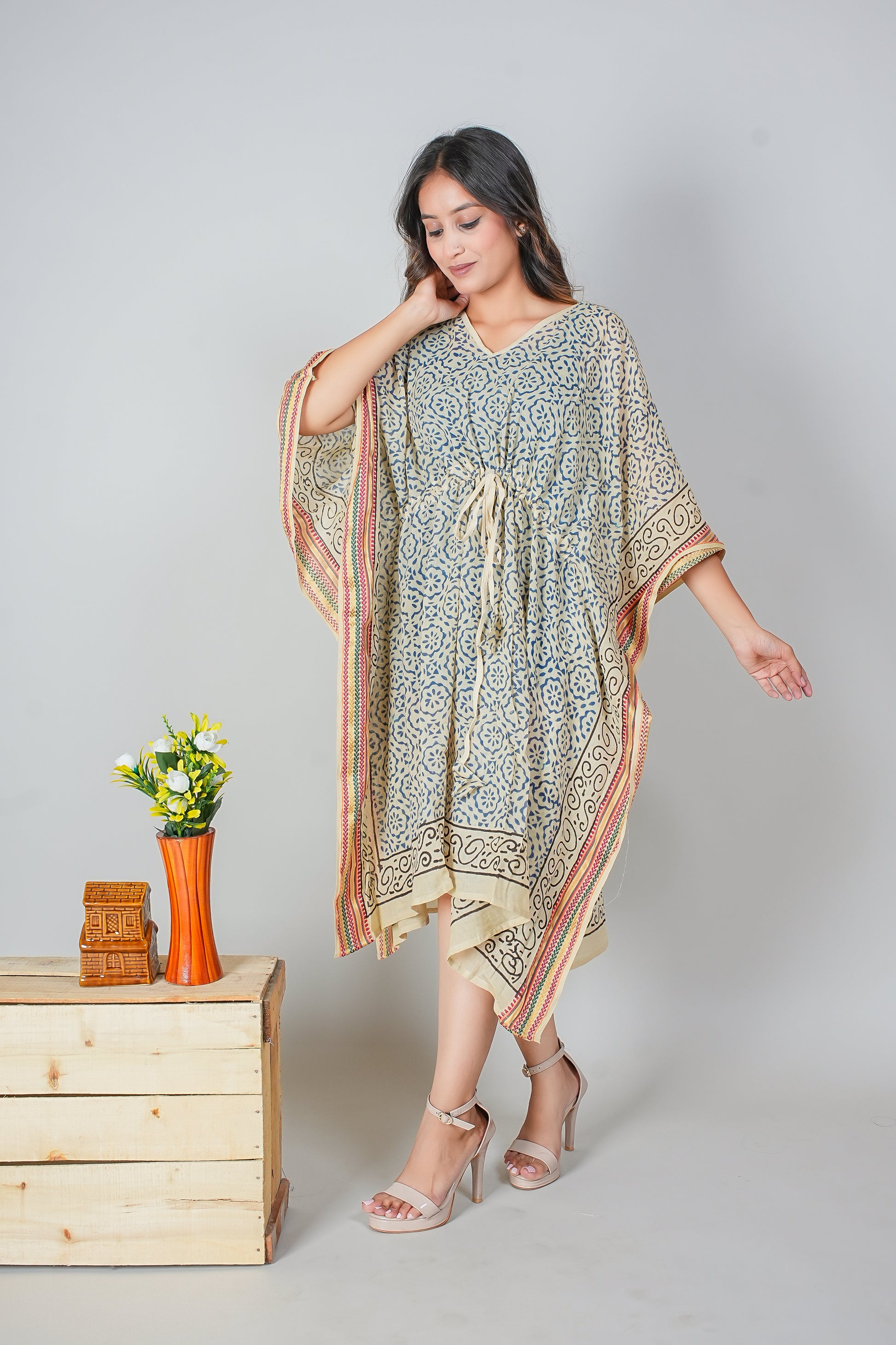 Hand Block Printed Cotton Kaftan Dress – Blue Floral Tile Print with Scroll Borders (Free Size)