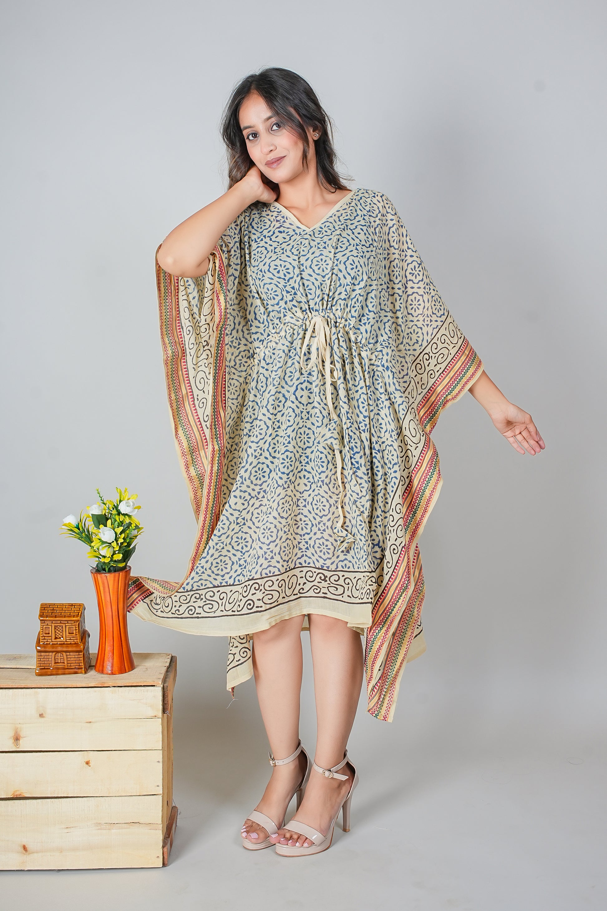 Hand Block Printed Cotton Kaftan Dress – Blue Floral Tile Print with Scroll Borders (Free Size)