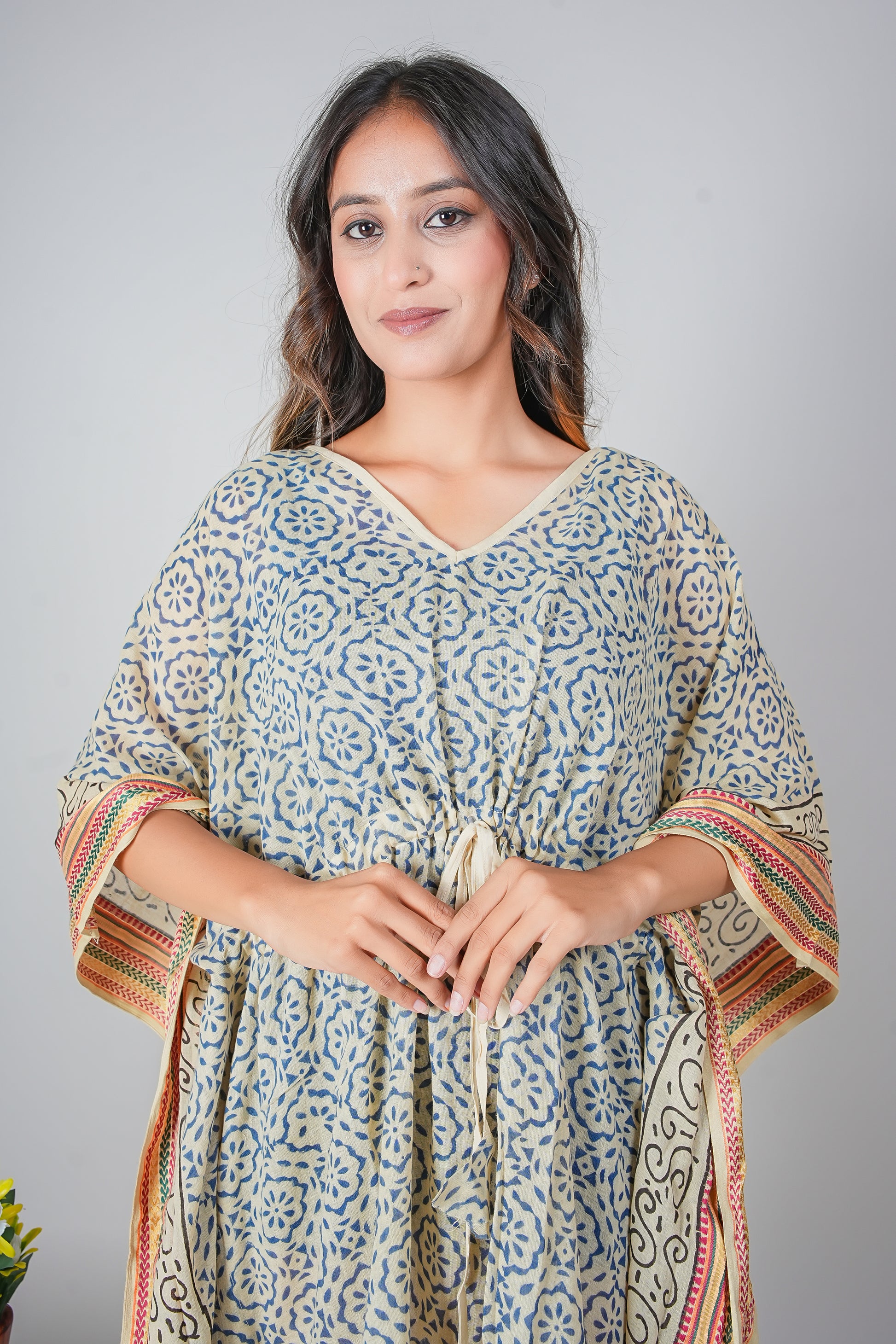 Hand Block Printed Cotton Kaftan Dress – Blue Floral Tile Print with Scroll Borders (Free Size)