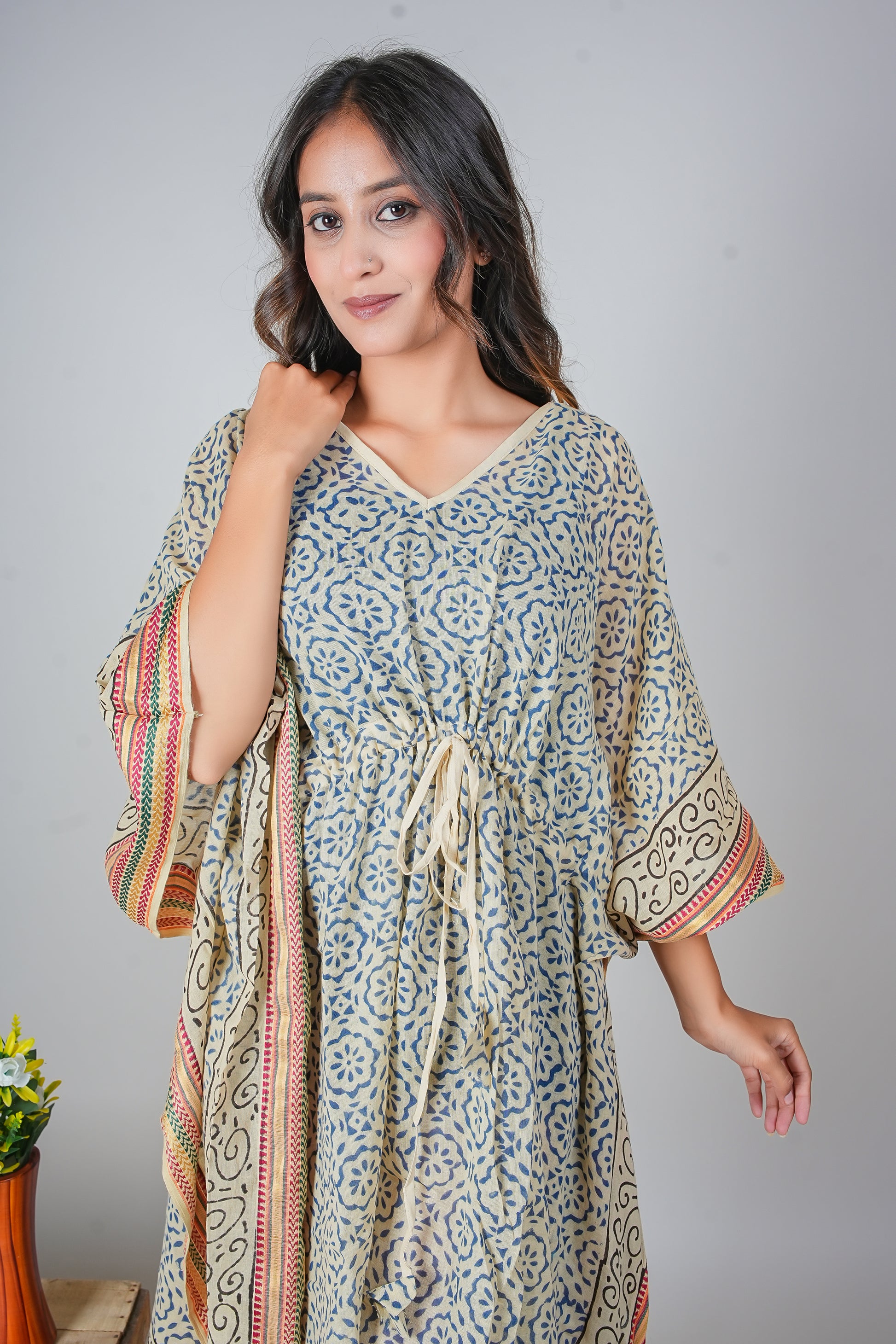 Hand Block Printed Cotton Kaftan Dress – Blue Floral Tile Print with Scroll Borders (Free Size)