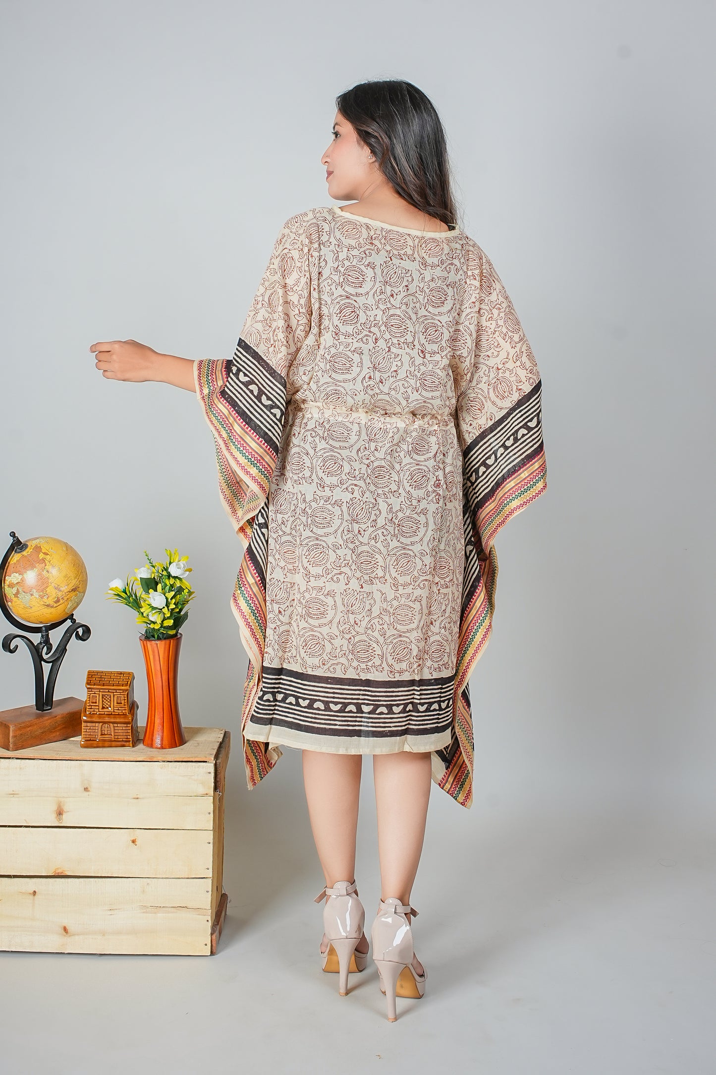 Hand Block Printed Cotton Kaftan Dress – Beige Rose Vines with Bold Black Borders (Free Size)