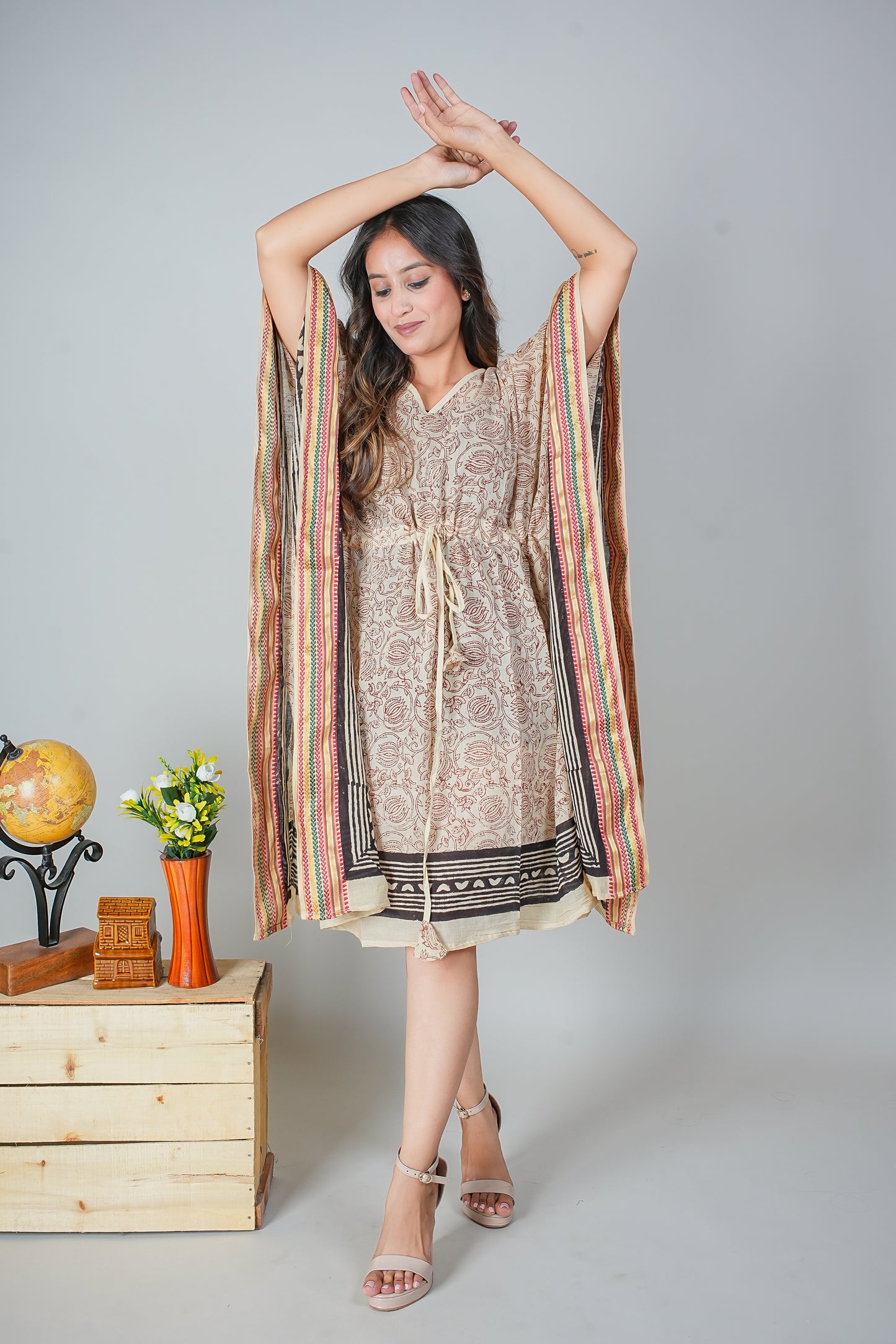 Hand Block Printed Cotton Kaftan Dress – Beige Rose Vines with Bold Black Borders (Free Size)