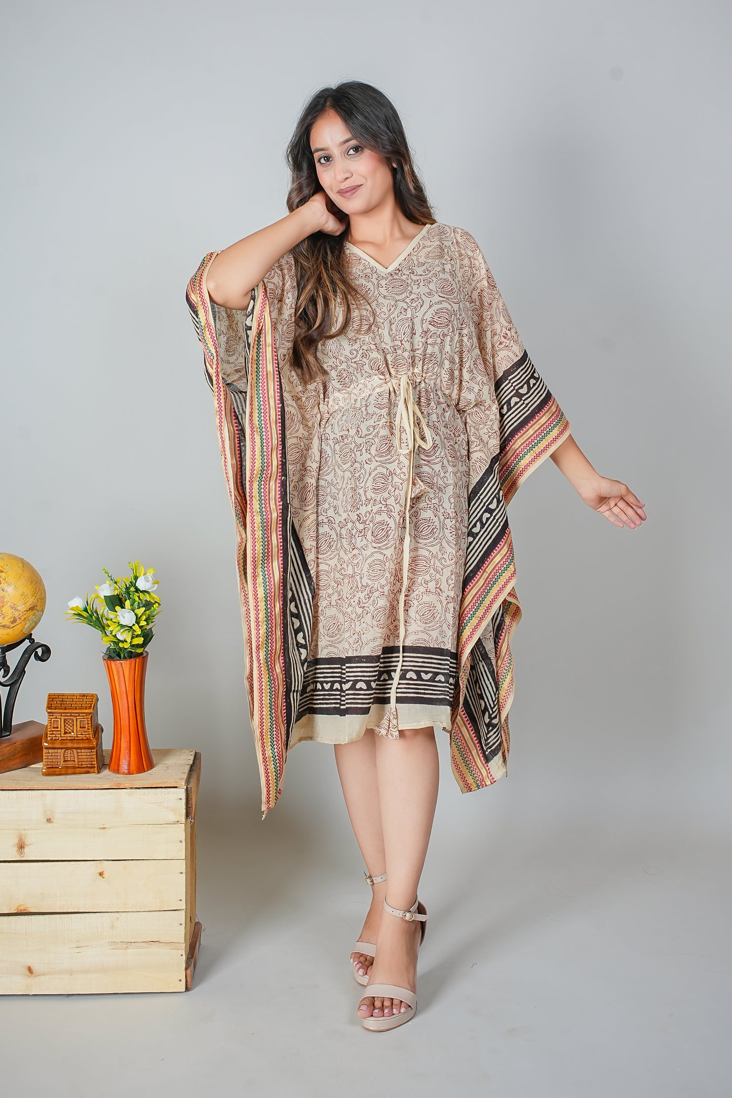 Hand Block Printed Cotton Kaftan Dress – Beige Rose Vines with Bold Black Borders (Free Size)