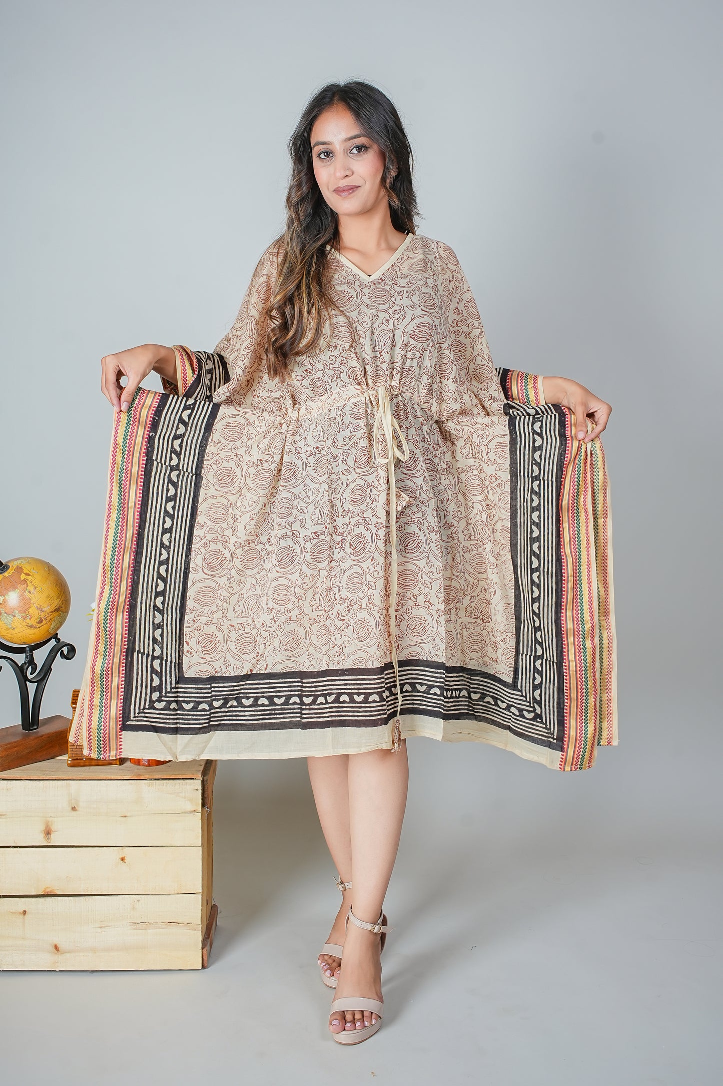 Hand Block Printed Cotton Kaftan Dress – Beige Rose Vines with Bold Black Borders (Free Size)