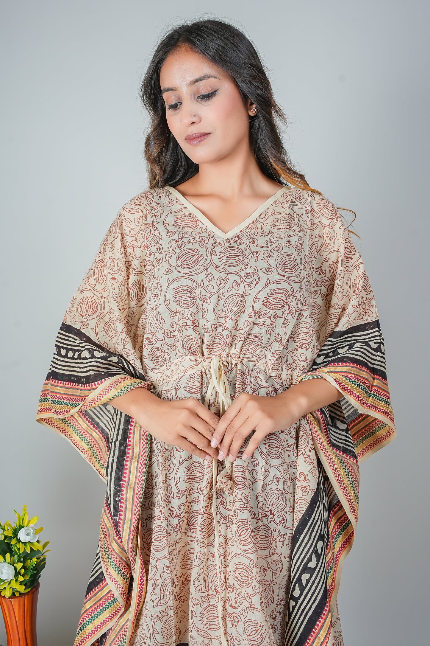 Hand Block Printed Cotton Kaftan Dress – Beige Rose Vines with Bold Black Borders (Free Size)