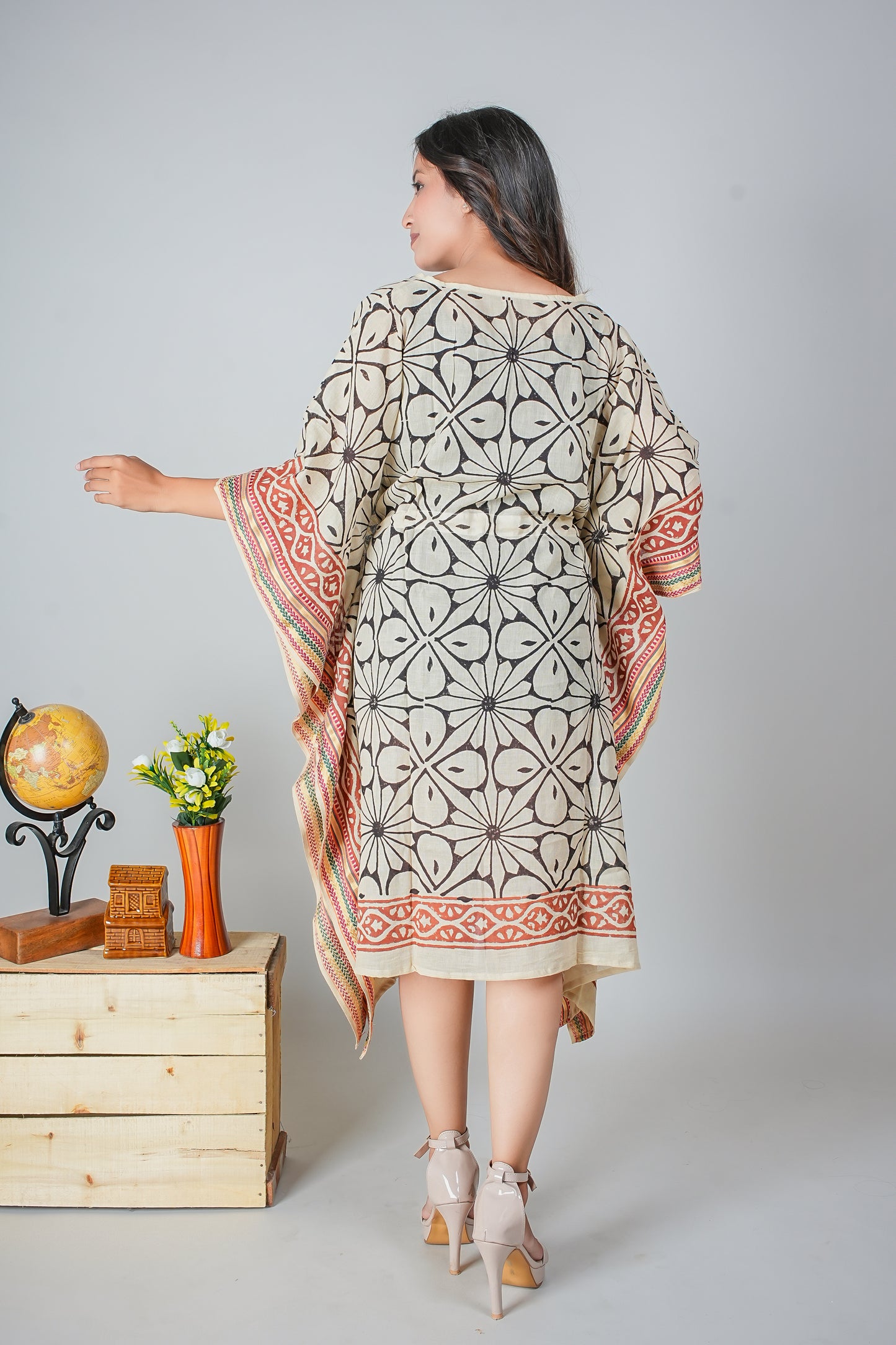 Hand Block Printed Cotton Kaftan Dress – Bold Floral Geometry in Black & Rust (Free Size)