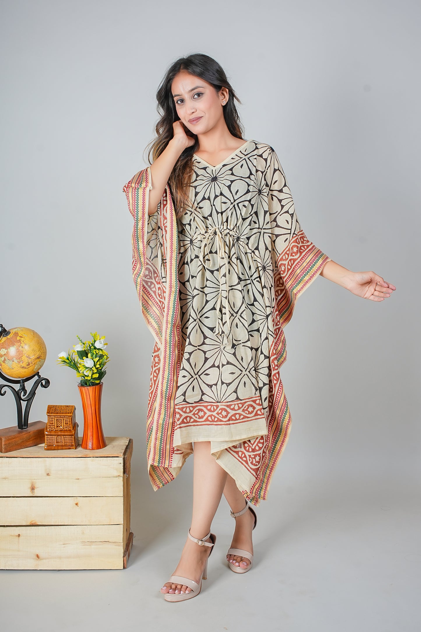 Hand Block Printed Cotton Kaftan Dress – Bold Floral Geometry in Black & Rust (Free Size)