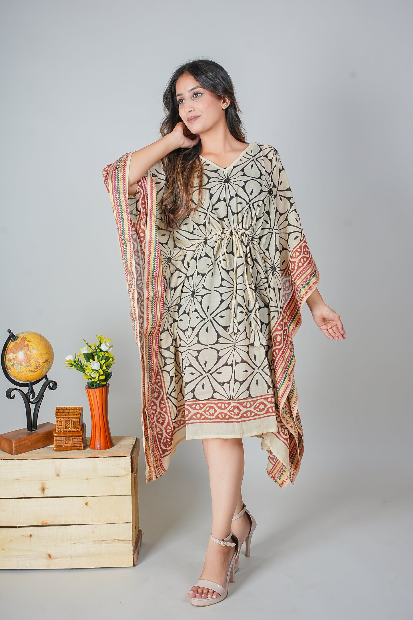 Hand Block Printed Cotton Kaftan Dress – Bold Floral Geometry in Black & Rust (Free Size)
