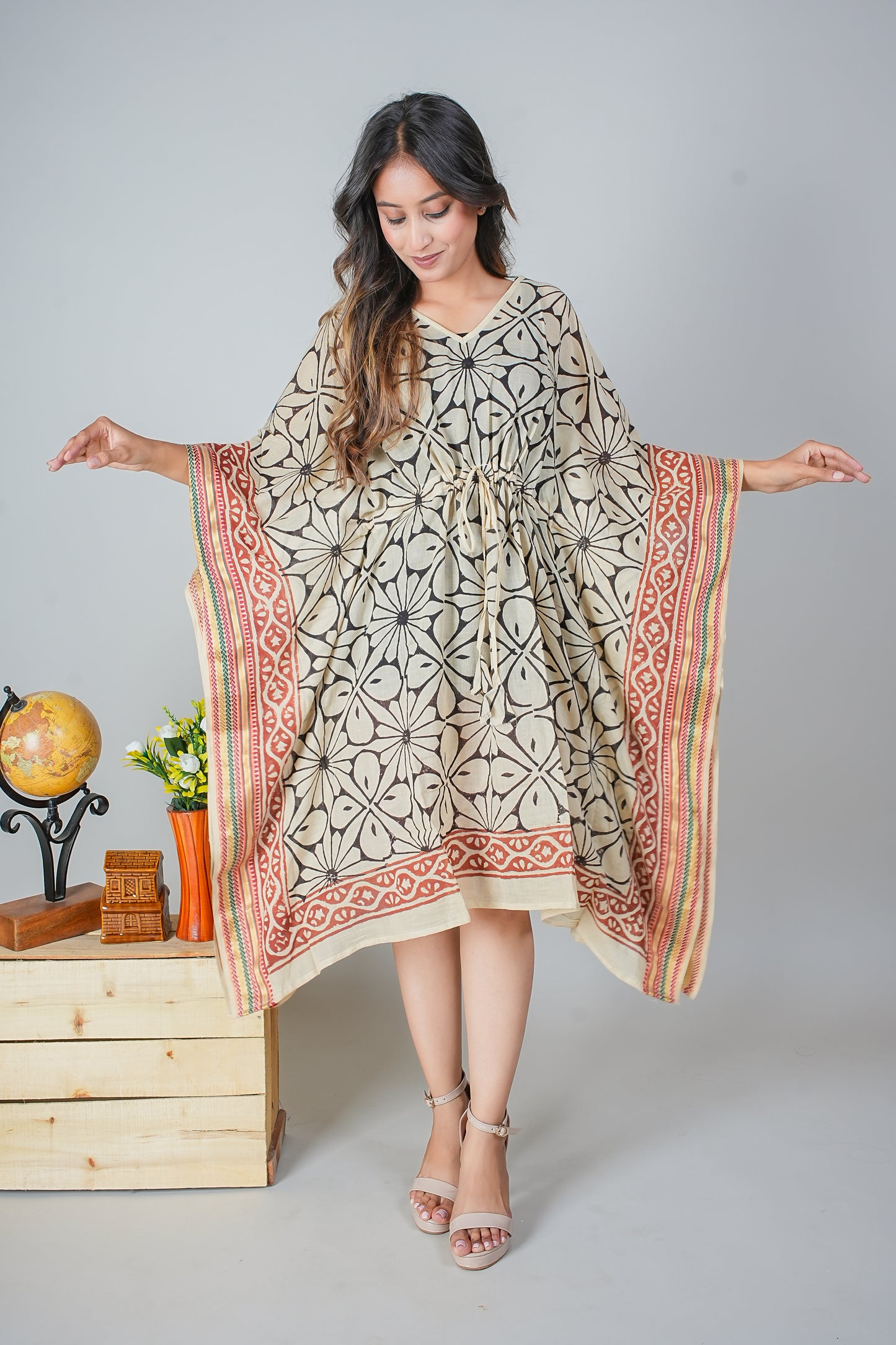 Hand Block Printed Cotton Kaftan Dress – Bold Floral Geometry in Black & Rust (Free Size)