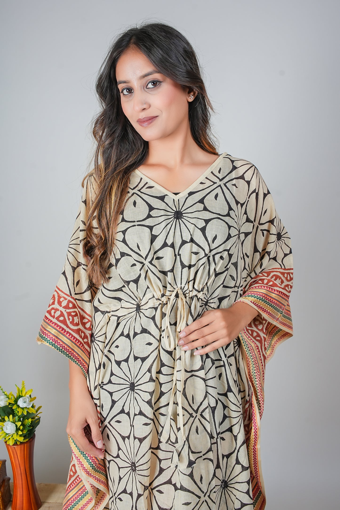 Hand Block Printed Cotton Kaftan Dress – Bold Floral Geometry in Black & Rust (Free Size)