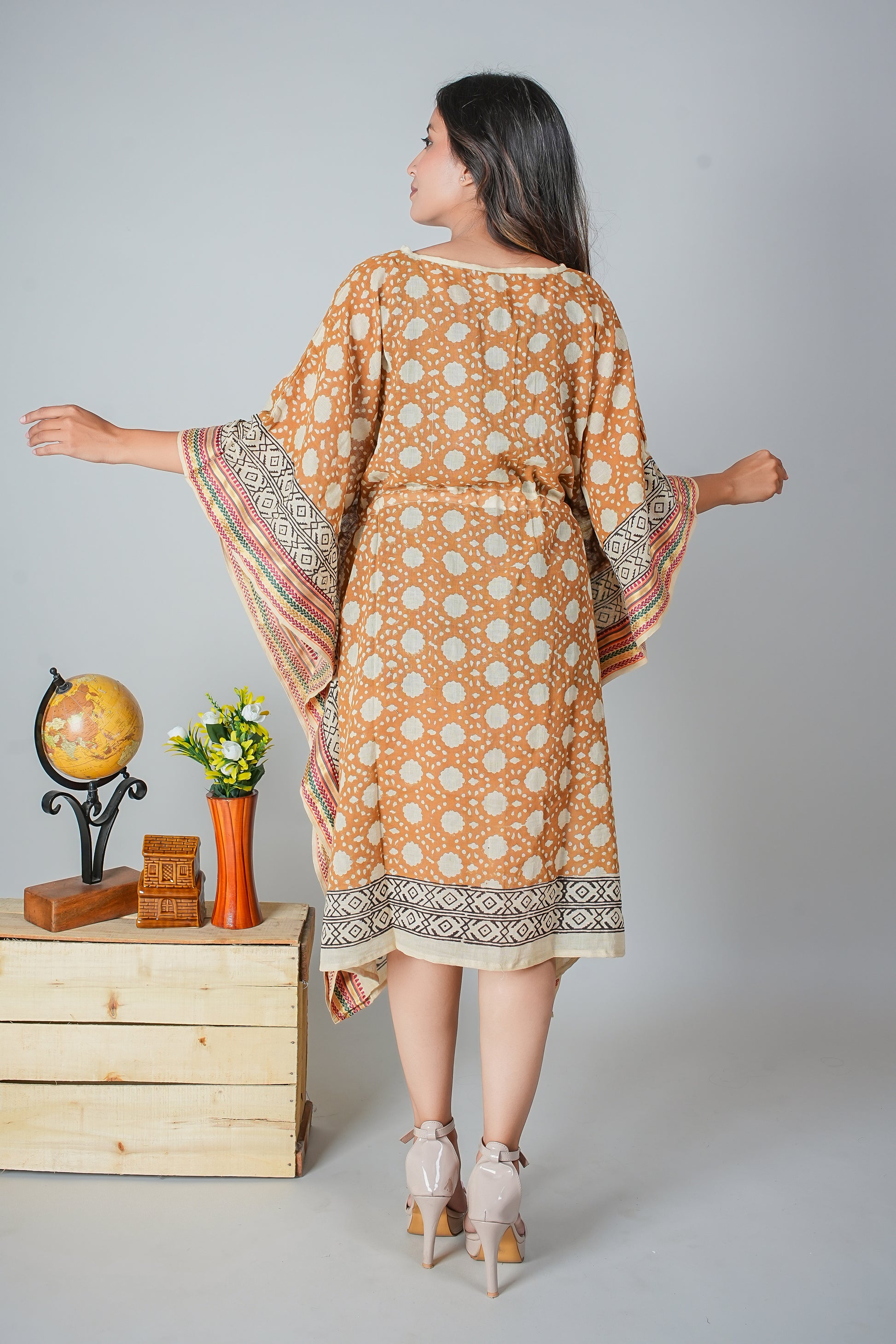 Hand Block Printed Cotton Caftan Dress – Ochre Batik Dots with Tribal Borders (Free Size)