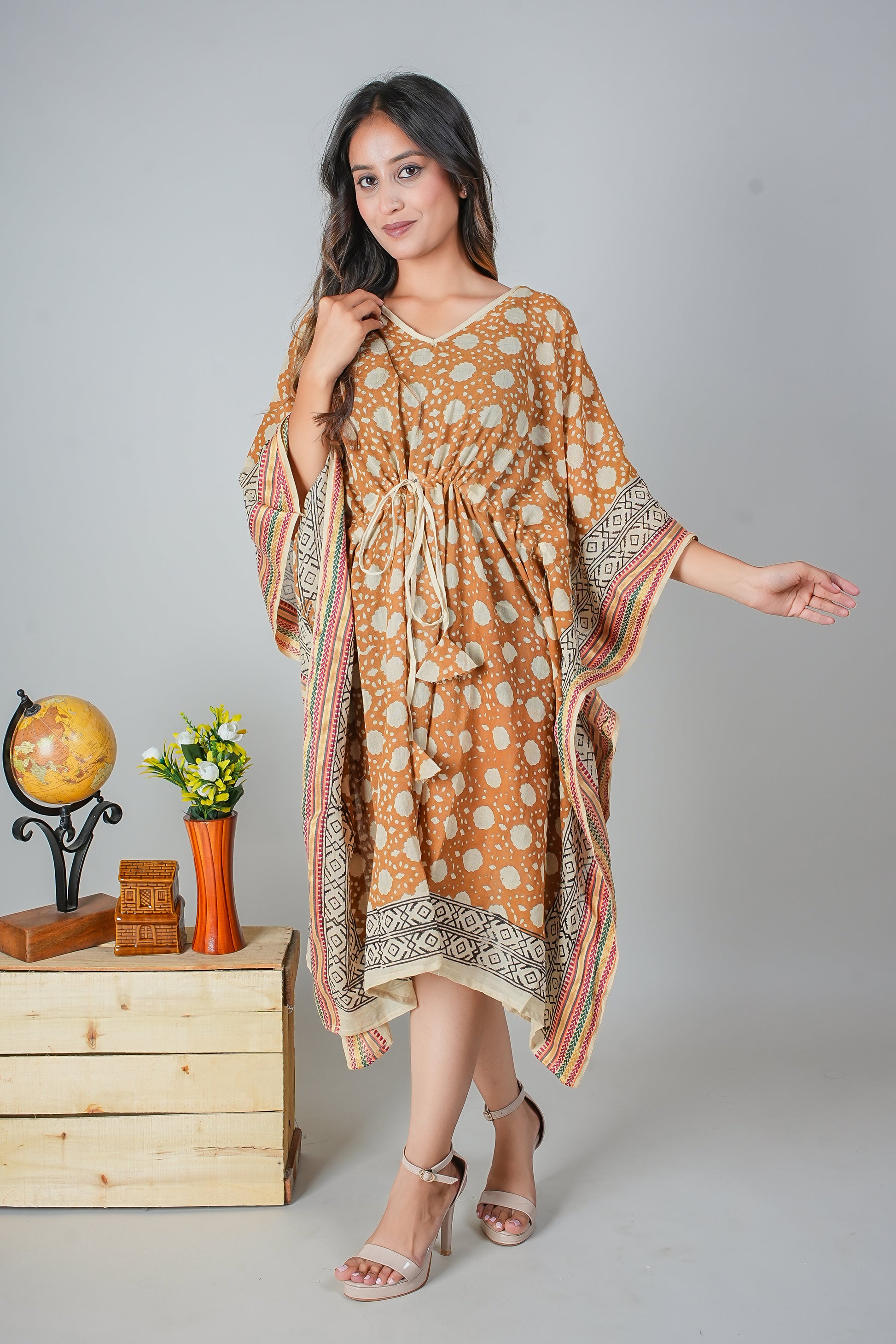 Hand Block Printed Cotton Caftan Dress – Ochre Batik Dots with Tribal Borders (Free Size)