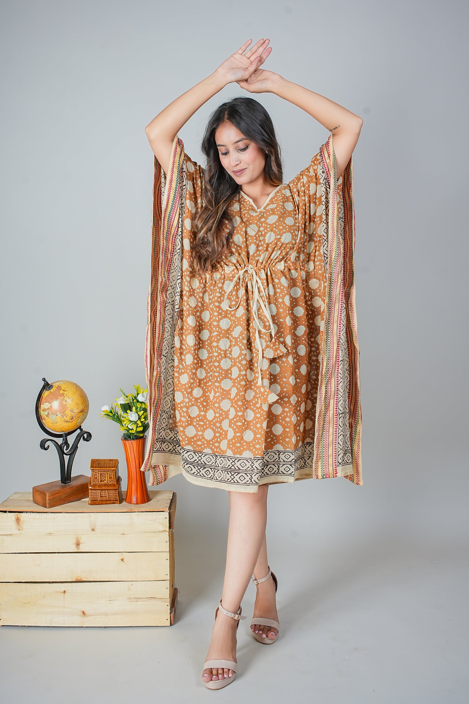 Hand Block Printed Cotton Caftan Dress – Ochre Batik Dots with Tribal Borders (Free Size)