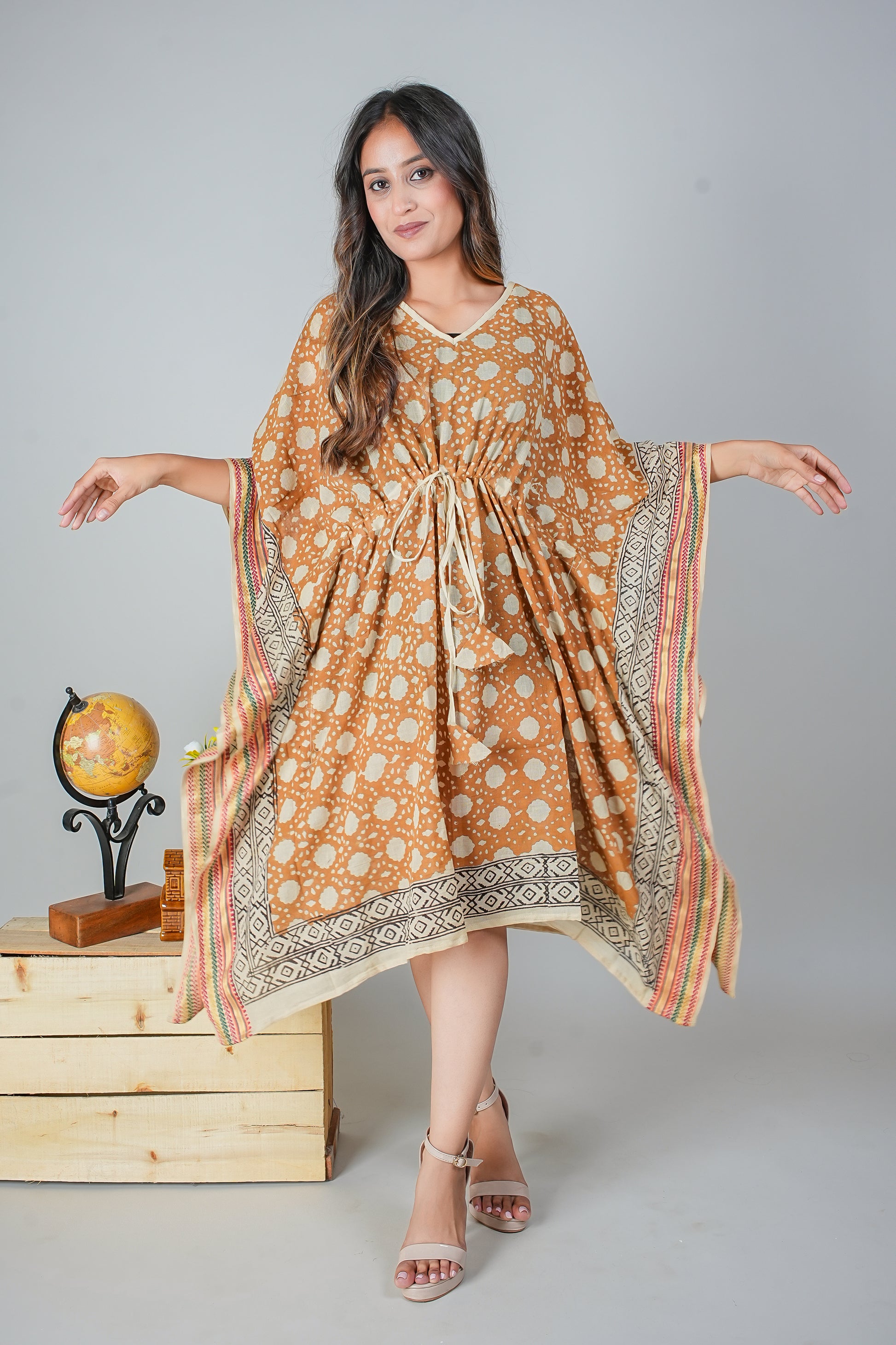 Hand Block Printed Cotton Caftan Dress – Ochre Batik Dots with Tribal Borders (Free Size)