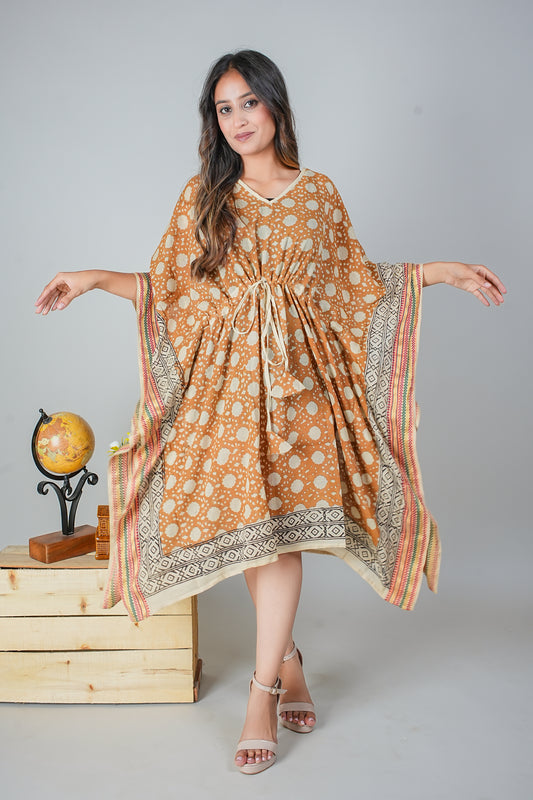 Hand Block Printed Cotton Caftan Dress – Ochre Batik Dots with Tribal Borders (Free Size)