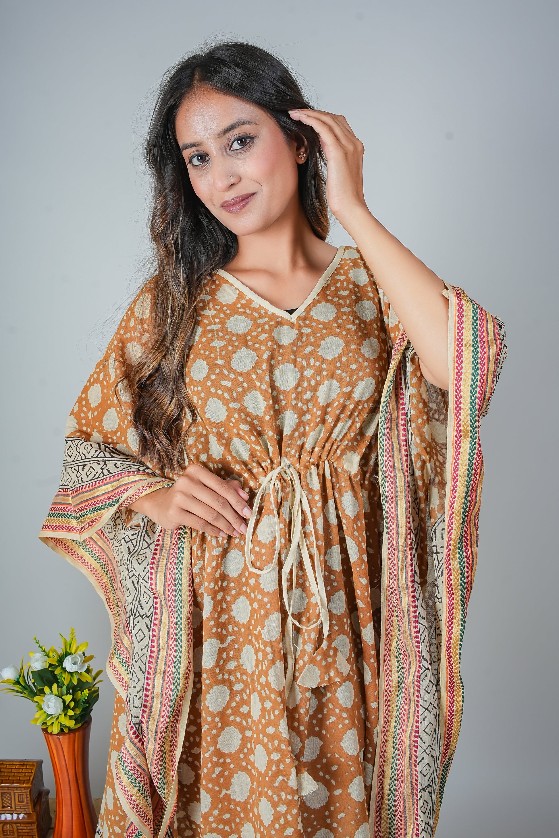 Hand Block Printed Cotton Caftan Dress – Ochre Batik Dots with Tribal Borders (Free Size)