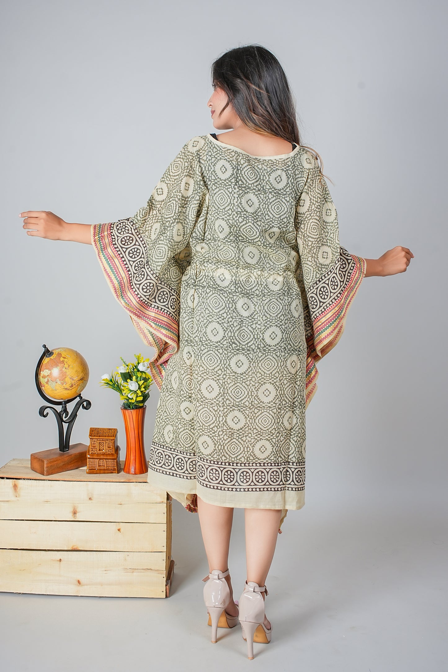 Hand Block Printed Cotton Caftan Dress – Olive Geometric Medallions with Heritage Borders (Free Size)