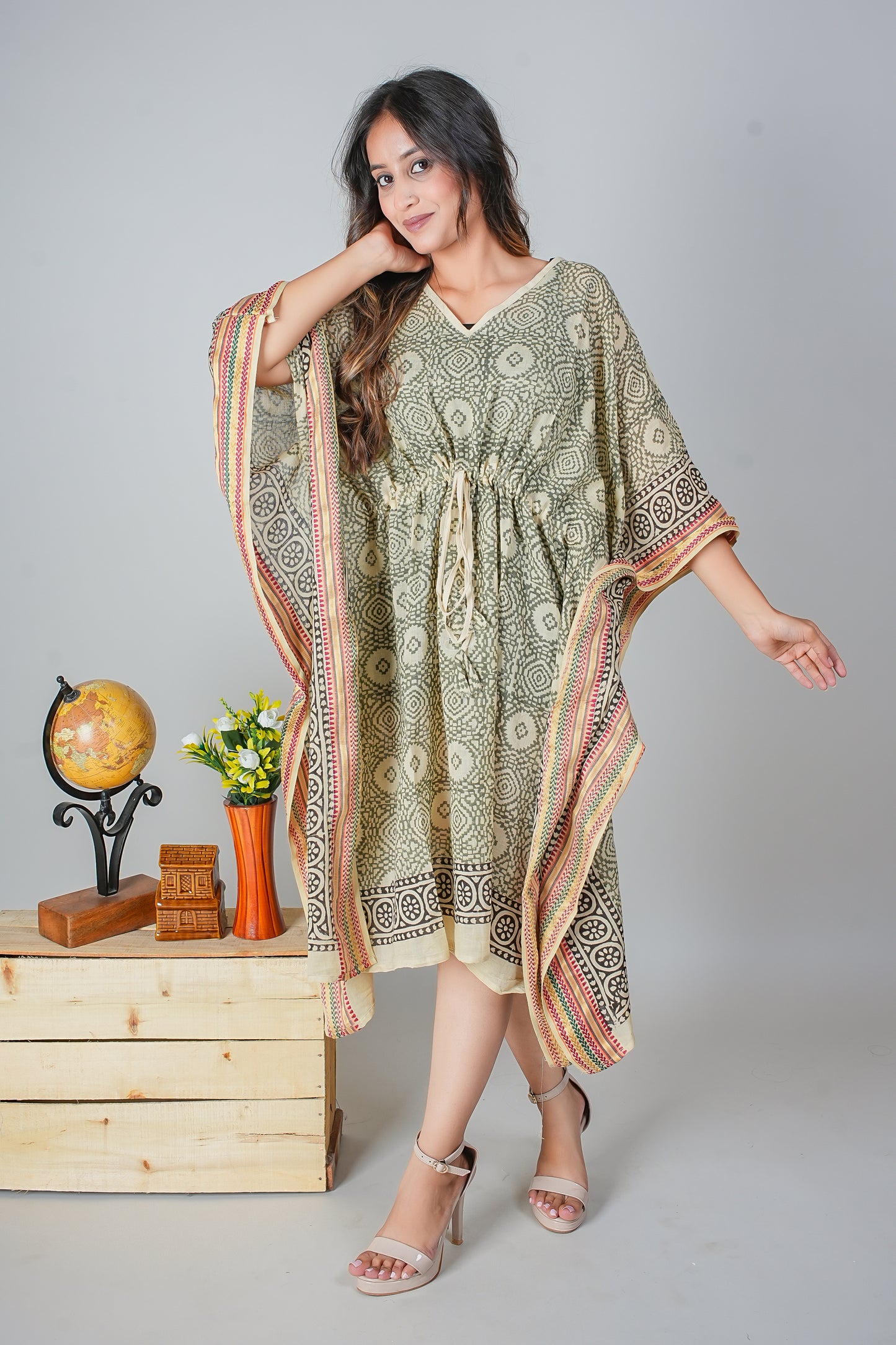 Hand Block Printed Cotton Caftan Dress – Olive Geometric Medallions with Heritage Borders (Free Size)