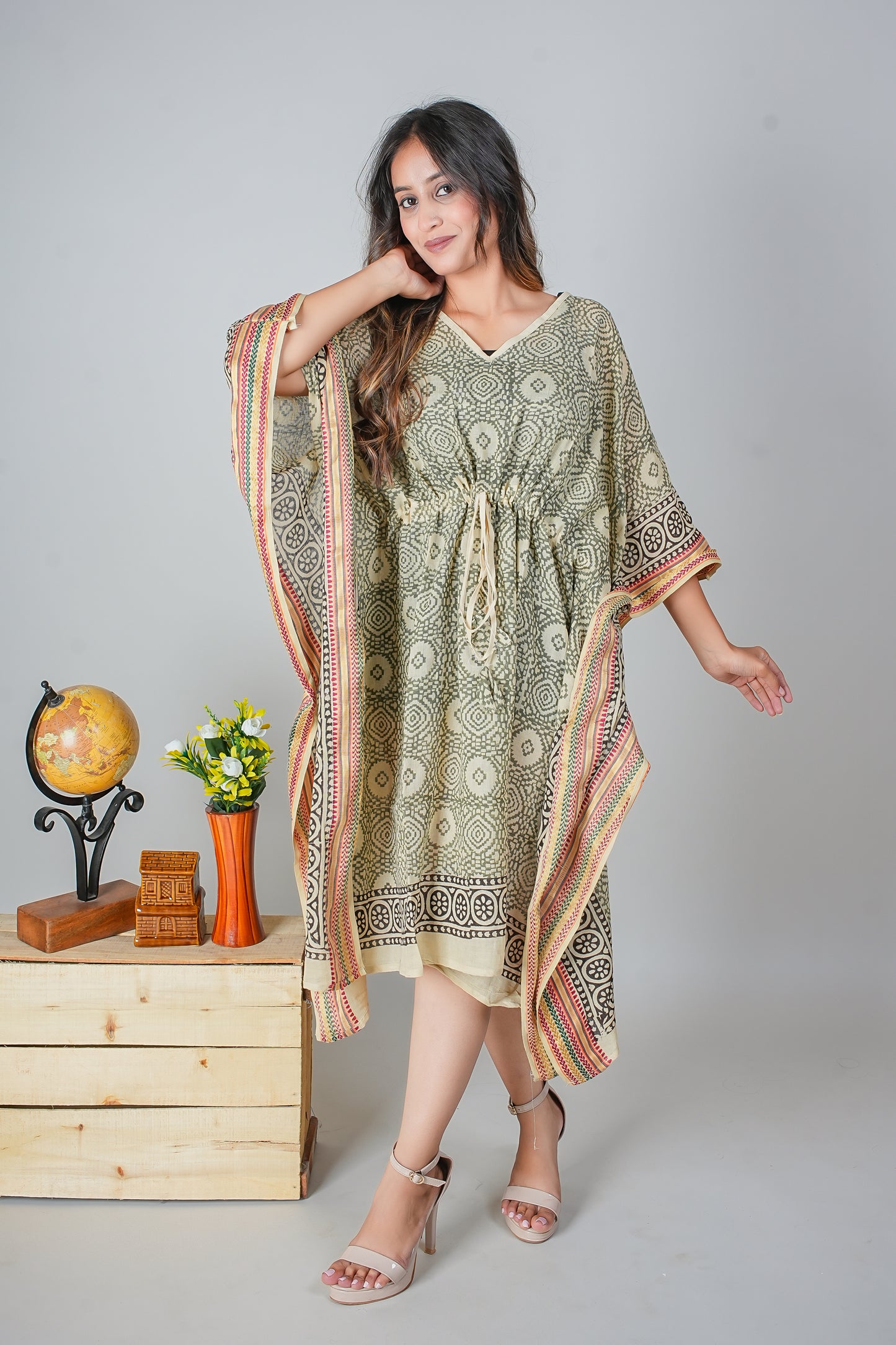Hand Block Printed Cotton Caftan Dress – Olive Geometric Medallions with Heritage Borders (Free Size)