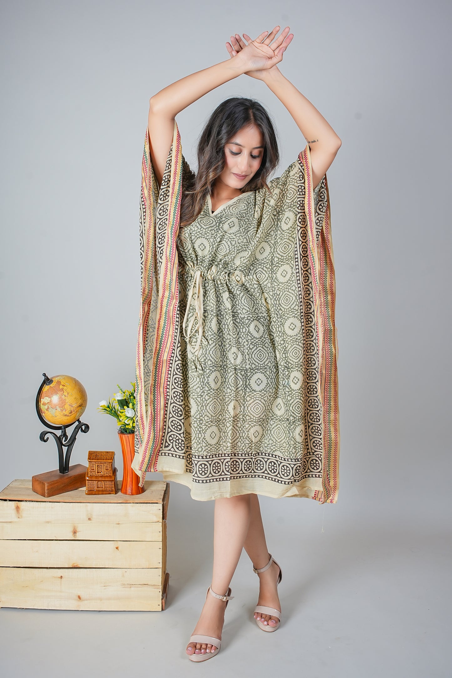 Hand Block Printed Cotton Caftan Dress – Olive Geometric Medallions with Heritage Borders (Free Size)