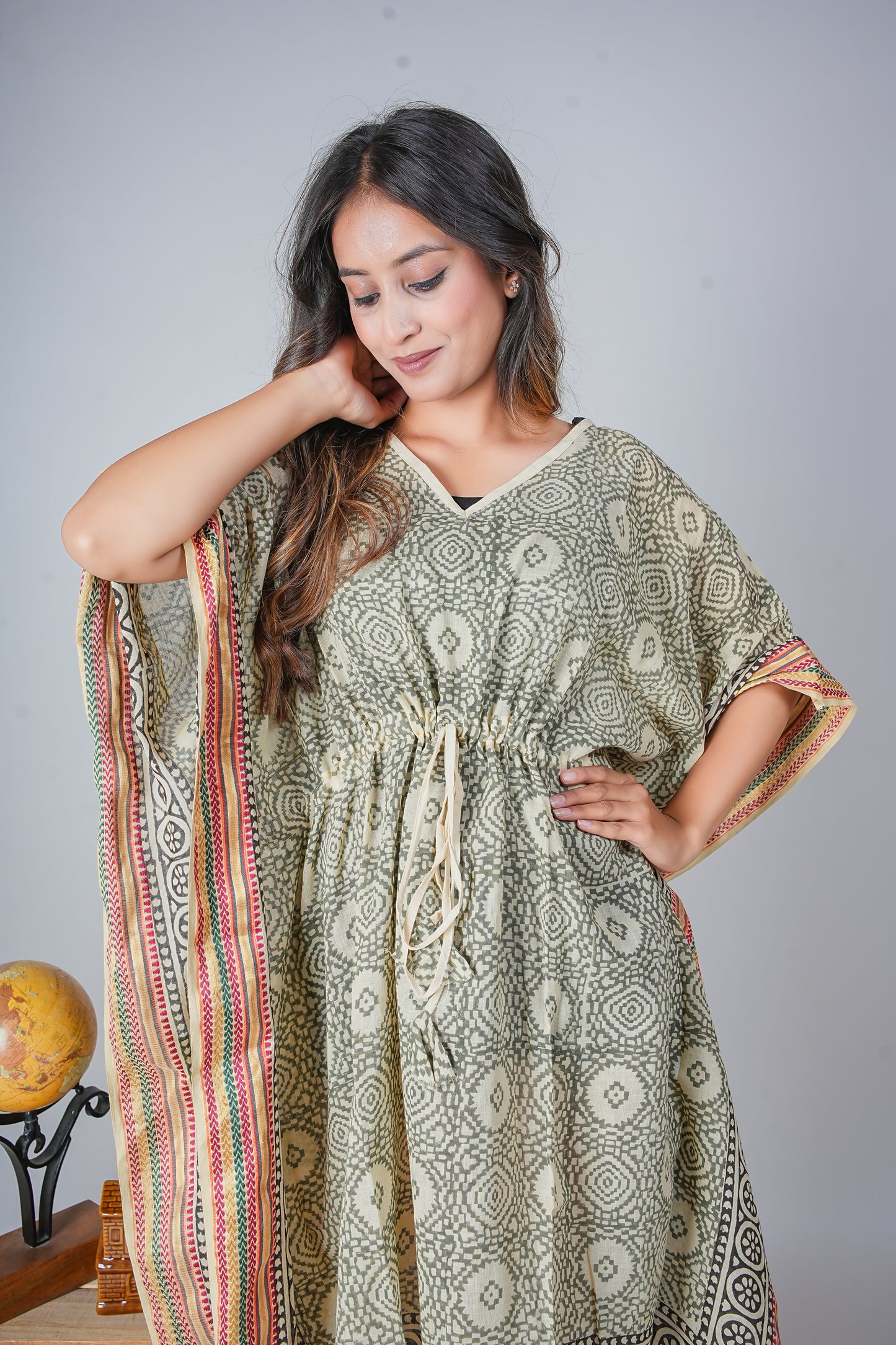 Hand Block Printed Cotton Caftan Dress – Olive Geometric Medallions with Heritage Borders (Free Size)