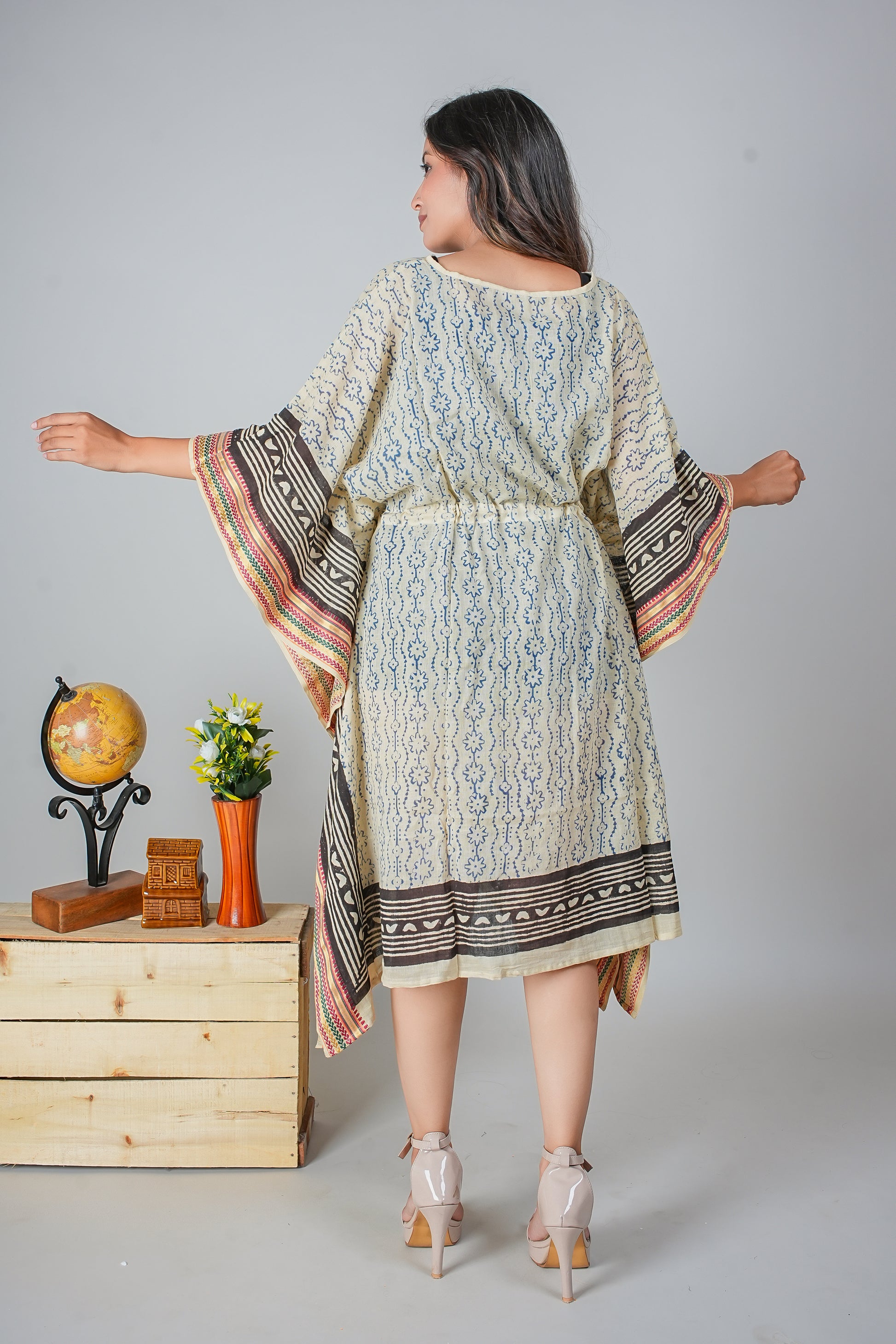 Hand Block Printed Cotton Kaftan Dress – Indigo Stripes with Tribal Border Accents (Free Size)