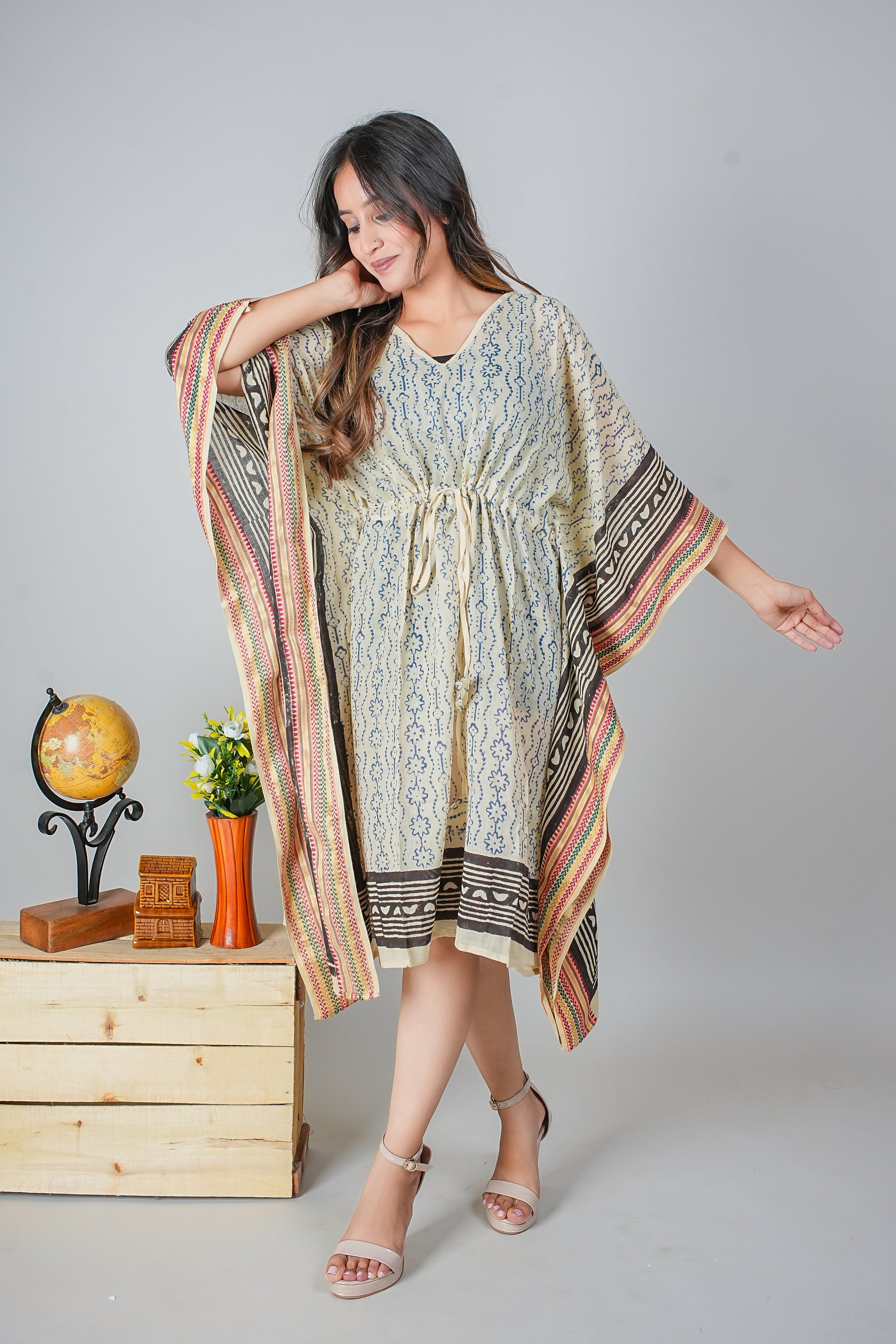 Hand Block Printed Cotton Kaftan Dress – Indigo Stripes with Tribal Border Accents (Free Size)