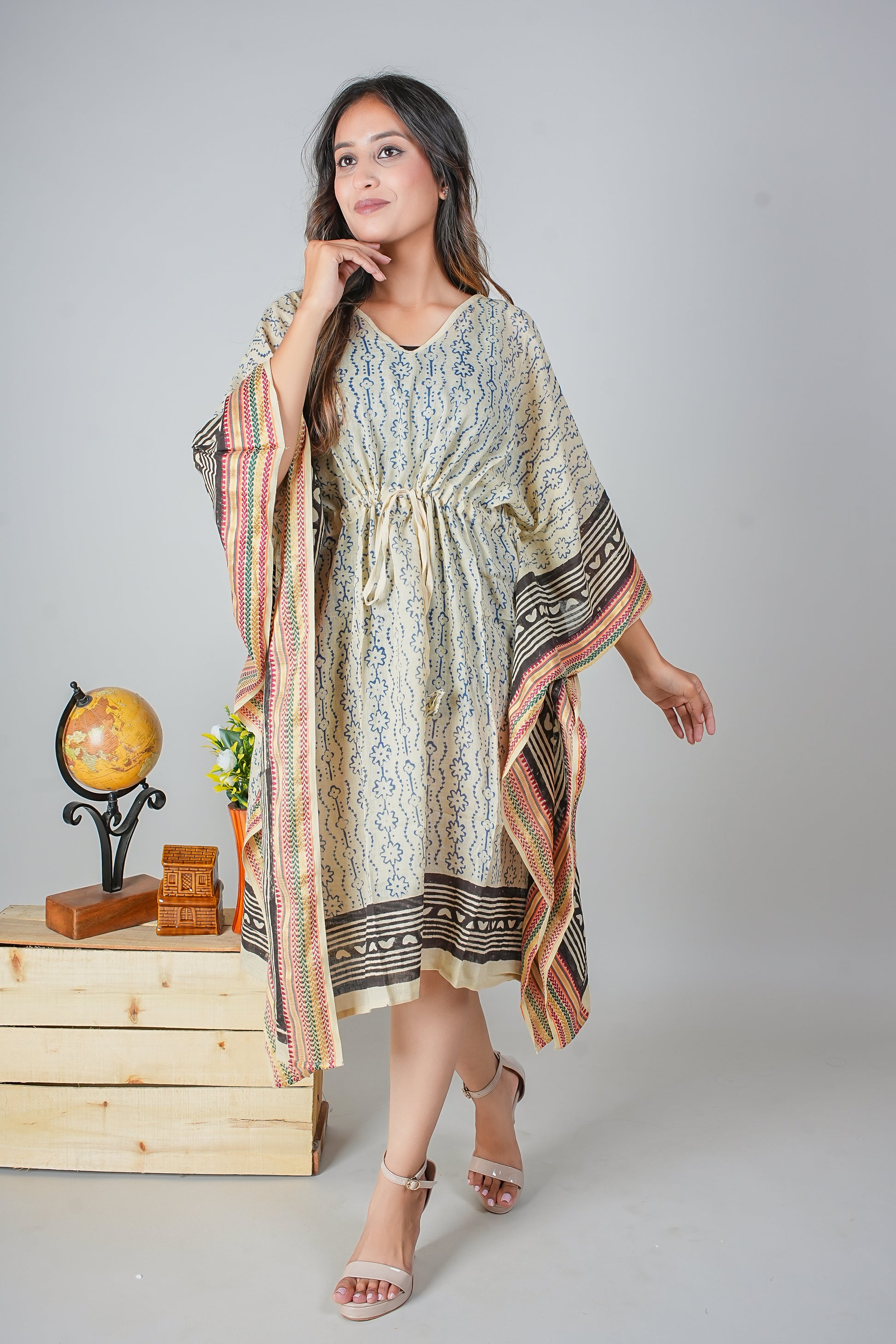 Hand Block Printed Cotton Kaftan Dress – Indigo Stripes with Tribal Border Accents (Free Size)