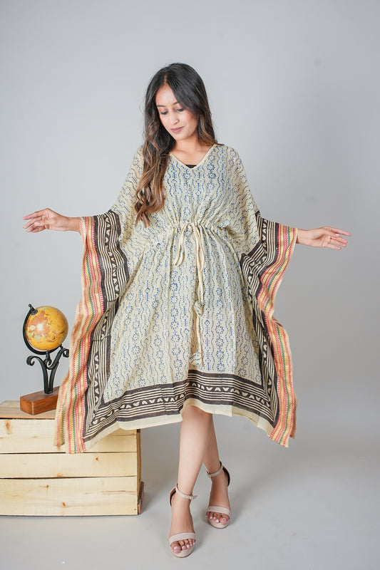 Hand Block Printed Cotton Kaftan Dress – Indigo Stripes with Tribal Border Accents (Free Size)