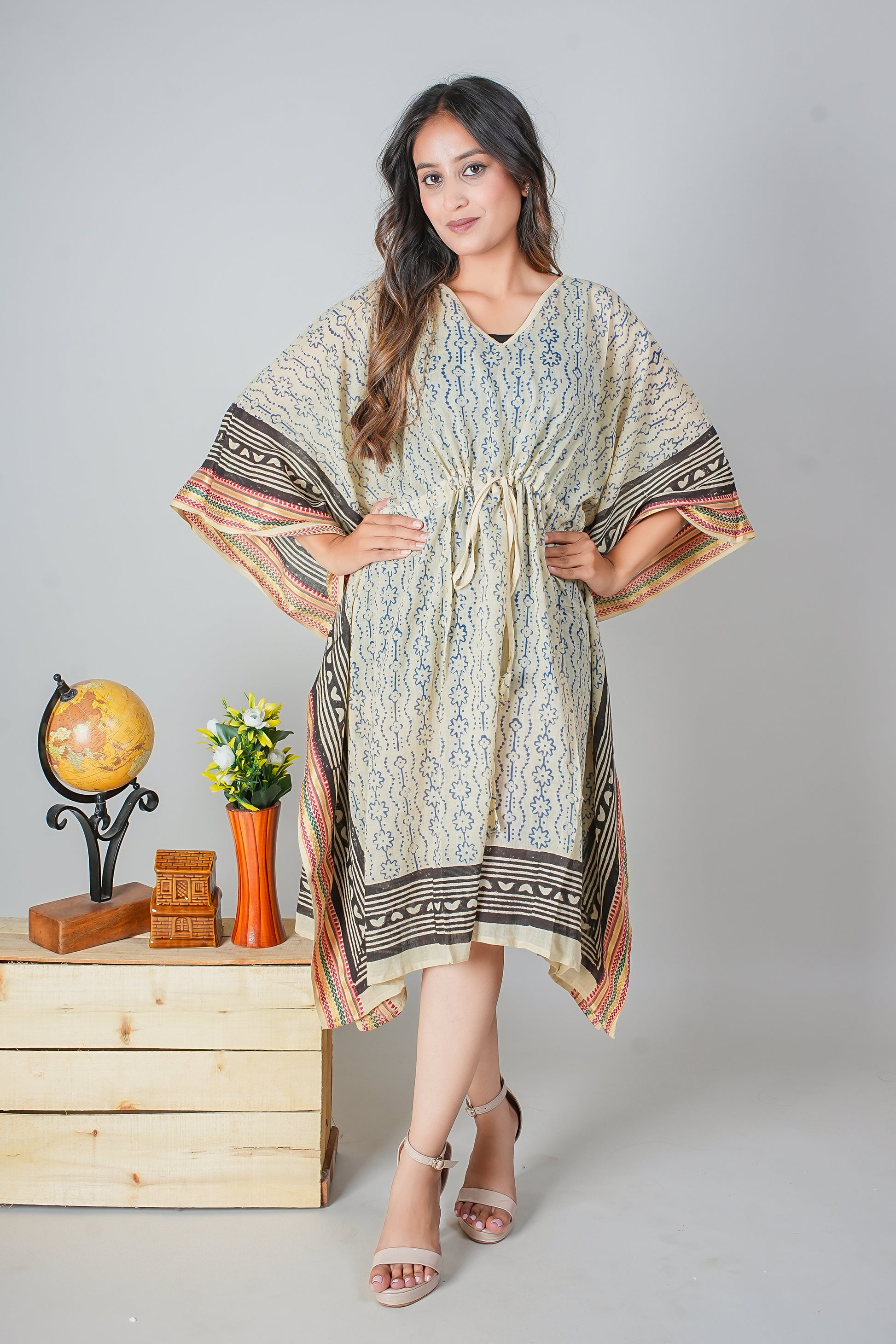 Hand Block Printed Cotton Kaftan Dress – Indigo Stripes with Tribal Border Accents (Free Size)