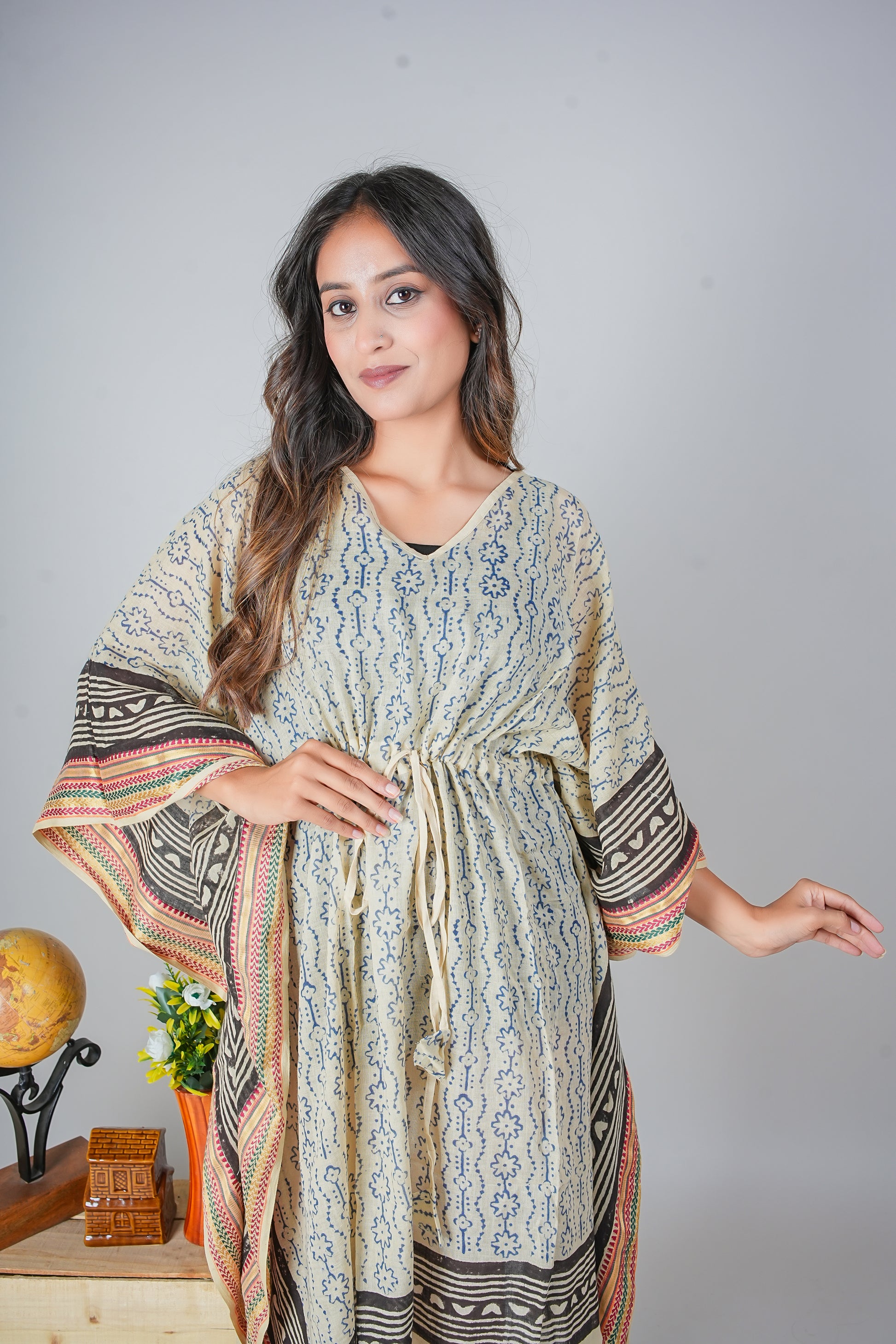 Hand Block Printed Cotton Kaftan Dress – Indigo Stripes with Tribal Border Accents (Free Size)