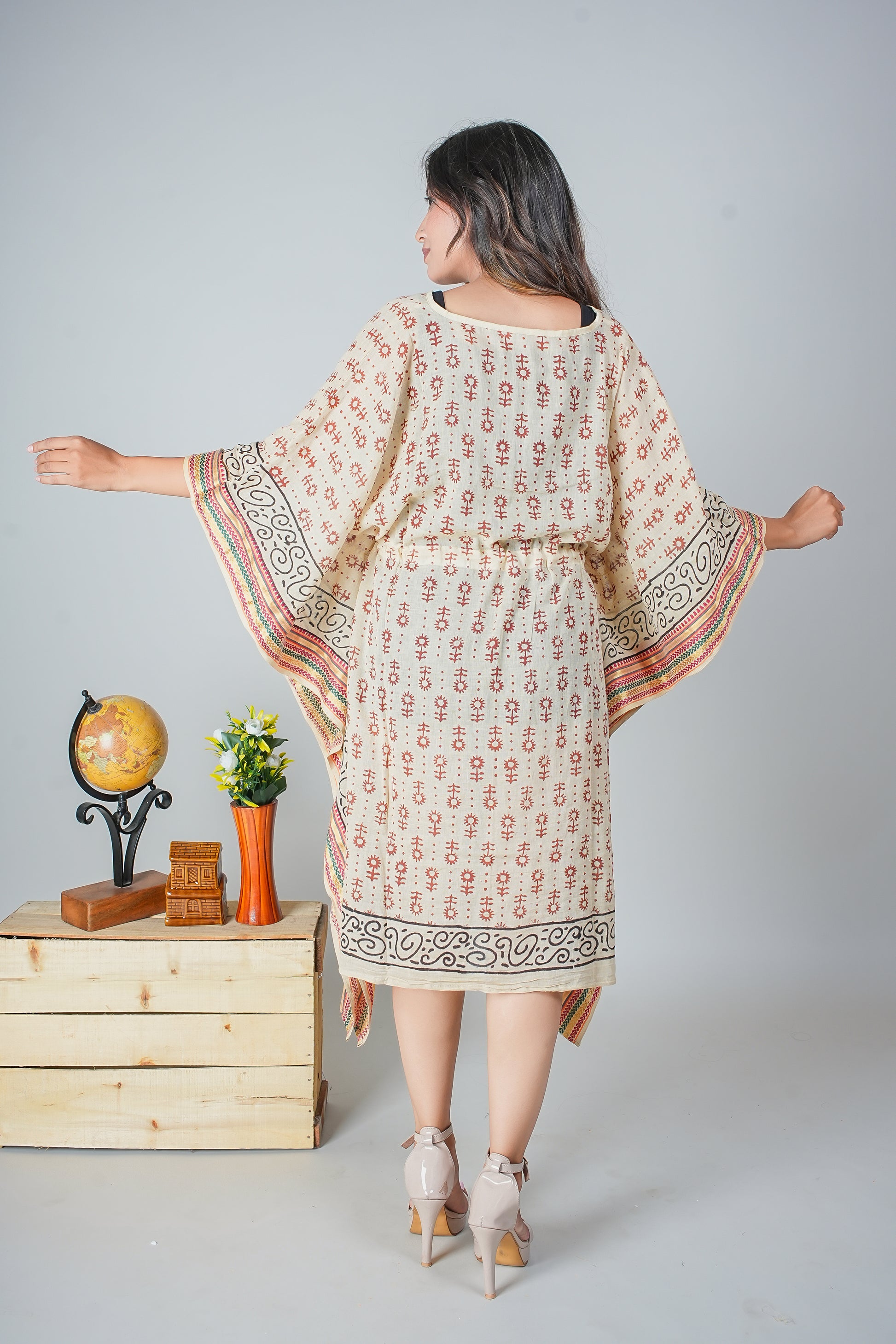 Hand Block Printed Cotton Kaftan Dress – Rust Floral Motifs on Beige with Tribal Borders (Free Size)