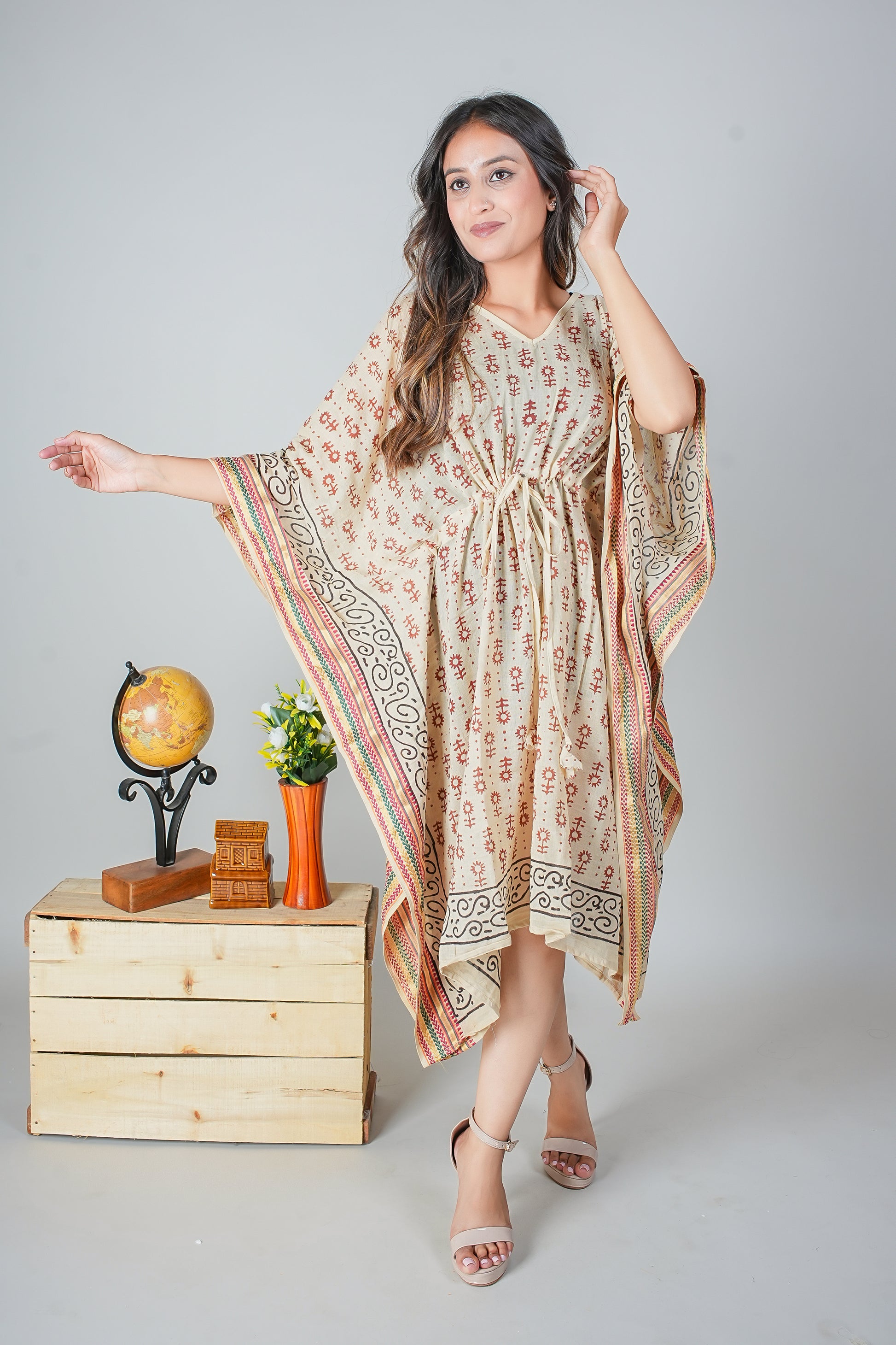 Hand Block Printed Cotton Kaftan Dress – Rust Floral Motifs on Beige with Tribal Borders (Free Size)