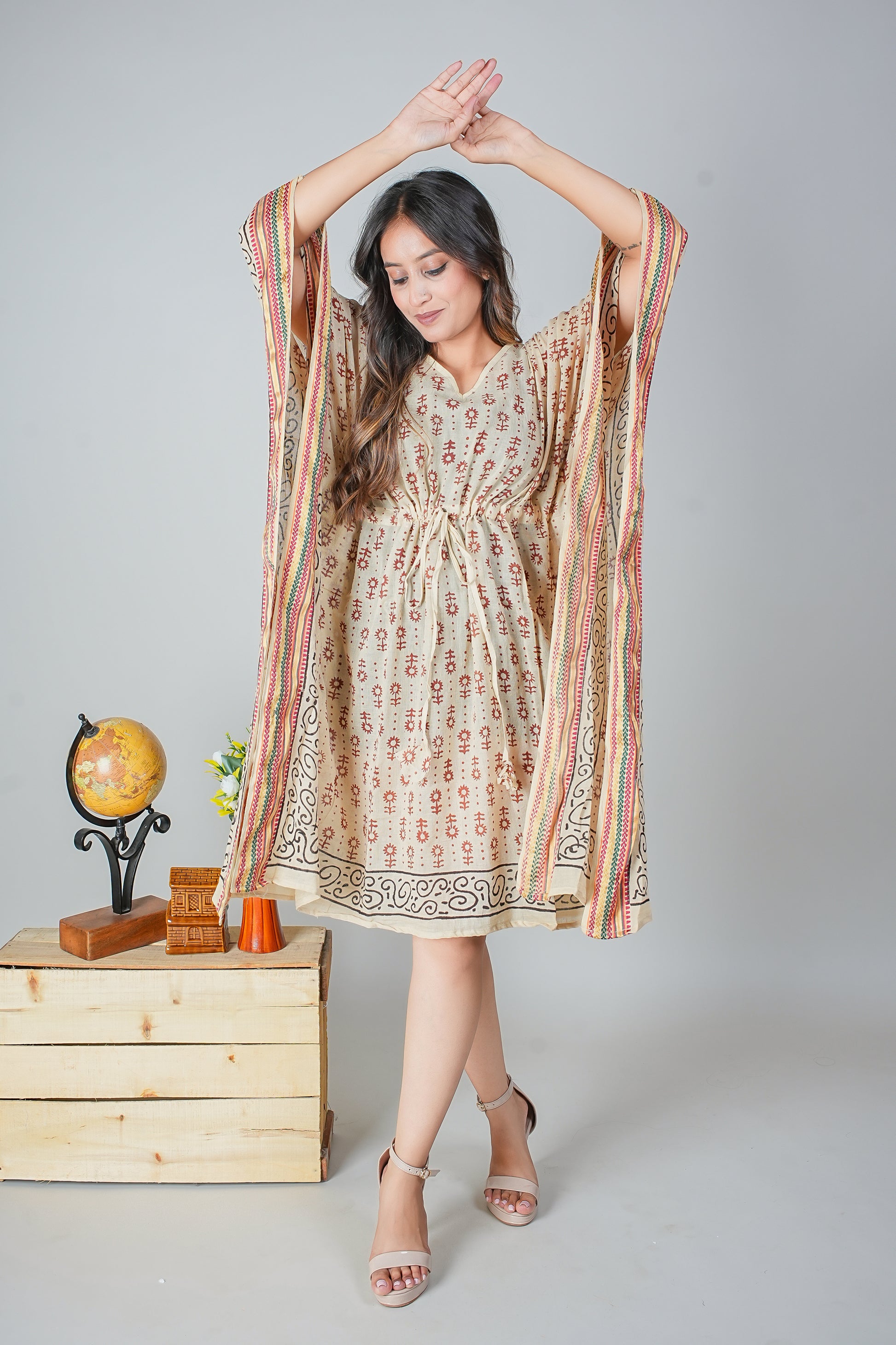 Hand Block Printed Cotton Kaftan Dress – Rust Floral Motifs on Beige with Tribal Borders (Free Size)
